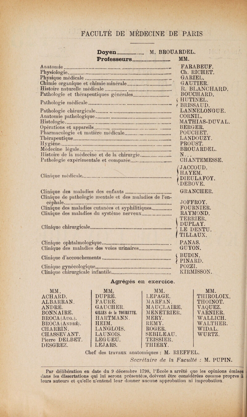 Doyen. M. BROUARDEL. Professeurs. MM. Anatomie. FARABEUF. Physiologie.. Ch. RICHET. Physique médicale... GARIEL. Chimie organique et chimie minérale...... GAUTIER. Histoire naturelle médicale.. R. BLANCHARD. Pathologie et thérapeutiques générales. BOUCHARD. Pnlholno-ip tnédimlp $ HUTINEL. Pathologie chirurgicale. LANNELONGUE. Anatomie pathologique. CORNIL. Histologie.. MATHIAS-DUVAL. Opérations et appareils.. BERGER. Pharmacologie et matière médicale. POUCHET. Thérapeutique. LANDOUZY. Hygiène. PROUST. Médecine légale. BROUARDEL. Histoire de la médecine et de la chirurgie.... N. .. Pathologie expérimentale et comparée. CHANTEMESSE. /JACCOUD. Clinique medicale. 1 DIEULAFOY. \ DEBOVE. Clinique des maladies des enfants. GRANCHER. Clinique de pathologie mentale et des maladies de l’en¬ céphale. JOFFROY. Clinique des maladies cutanées et syphilitiques. FOURNIER. Clinique des maladies du système nerveux. RAYMOND. [ TERRIER. nr , - , , DUPLAY. Clinique chiruigicRle....... < UENTU f TILLAUX. * Clinique ophtalmologique. PANAS. Clinique des maladies des voies urinaires. GUYON. Clinique d’accouchements. j PINARD Clinique gynécologique. POZZI. Clinique chirurgicale infantile.. KIRMISSON. Agrégés en exercice. MM. THIROLOIX. THOINOT. VAQUEZ. VARNIER. WALLICH. WALTHER. WIDAL. WURTZ. Chef des travaux anatomiques : M. RIEFFEL. Secrétaire de la Faculté : M. PUPIN. MM. MM. MM. ACHARD. DUPRÉ. LEPAGE. AUBARRAN. FAURE. MARFAN. ANDRÉ. GAUCHER. MAUCLAIRE. BONNAIRE. GILLES de la TOURETTE. MÉNÉTRIER. BROCA(Aug.). HARTMANN. MÉRY. BROCA (André). HEIM. REMY. CHARRIN. LANGLOIS. ROGER. CHASSEVANT. LAUNOIS. SEBILEAU. Pierre DELBET. LEGUEU. TEISSIER. DESGREZ. LEJARS. THIÉRY. Par délibération en date du 9 décembre 1798, l’École a arrêté que les opinions émises dans les dissertations qui lui seront présentées, doivent être considérées comme propres à leurs auteurs et qu’elle n’entend leur donner aucune approbation ni improbation.