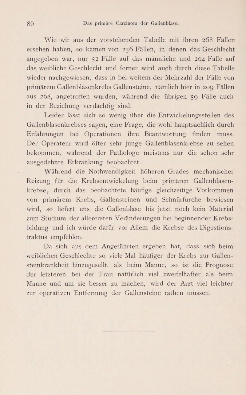 Wie wir aus der vorstehenden Tabelle mit ihren 268 Fällen ersehen haben, so kamen von 256 Fällen, in denen das Geschlecht angegeben war, nur 52 Fälle auf das männliche und 204 Fälle auf das weibliche Geschlecht und ferner wird auch durch diese Tabelle wieder nachgewiesen, dass in bei weitem der Mehrzahl der Fälle von primärem Gallenblasenkrebs Gallensteine, nämlich hier in 209 Fällen aus 268, angetroffen wurden, während die übrigen 59 Fälle auch in der Beziehung verdächtig sind. Leider lässt sich so wenig über die Entwickelungsstellen des Gallenblasenkrebses sagen, eine Frage, die wohl hauptsächlich durch Erfahrungen bei Operationen ihre Beantwortung finden muss. Der Operateur wird öfter sehr junge Gallenblasenkrebse zu sehen bekommen, während der Pathologe meistens nur die schon sehr ausgedehnte Erkrankung beobachtet. Während die Nothwendigkeit höheren Grades mechanischer Reizung für die Krebsentwickelung beim primären Gallenblasen¬ krebse, durch das beobachtete häufige gleichzeitige Vorkommen von primärem Krebs, Gallensteinen und Schnürfurche bewiesen wird, so liefert uns die Gallenblase bis jetzt noch kein Material zum Studium der allerersten Veränderungen bei beginnender Krebs¬ bildung und ich würde dafür vor Allem die Krebse des Digestions- traktus empfehlen. Da sich aus dem Angeführten ergeben hat, dass sich beim weiblichen Geschlechte so viele Mal häufiger der Krebs zur Gallen¬ steinkrankheit hinzugesellt, als beim Manne, so ist die Prognose der letzteren bei der Frau natürlich viel zweifelhafter als beim Manne und um sie besser zu machen, wird der Arzt viel leichter zur operativen Entfernung der Gallensteine rathen müssen.