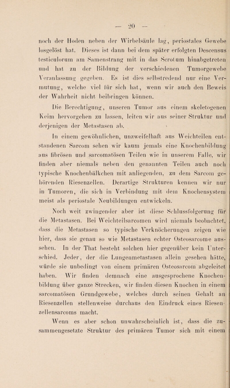 noch der Hoden neben der Wirbelsäule lag, periostales Gewebe losgelöst hat. Dieses ist dann bei dem später erfolgten Descensus testiculornm am Samenstrang mit in das Sero!um hinabgetreten und hat zu der Bildung d er verschiedenen Tumorgewebe Veranlassung gegeben. Es ist dies selbstredend nur eine Ver¬ mutung, welche viel für sich hat, wenn wir auch den Beweis der Wah rheit nicht beibringen können. Die B erechtigung, unseren Tumor aus einem skeletogenen Keim hervorgehen zu lassen, leiten wir aus seiner Struktur und derjenigen der Metastasen ab. » o O In einem gewöhnlichen, unzweifelhaft aus Weichteilen ent¬ standenen Sarcom sehen wir kaum jemals eine Knochenbildung aus fibrösen und sarcomatösen Teilen wie in unserem Falle, wir linden aber niemals neben den genannten Teilen auch noch typische Knoohenbälkchen mit anliegenden, zu dem Sarcom ge¬ hörenden Riesenzellen. Derartige Strukturen kennen wir nur in Tumoren, die sich in Verbindung mit dem Knochensystem meist als periostale Neubildungen entwickeln. Noch weit zwingender aber ist diese Schlussfolgerung für die Metastasen. Bei Weichteilsarcomen wird niemals beobachtet, dass die Metastasen so typische Verknöcherungen zeigen wie hier, dass sie genau so wie Metastasen echter Osteosarcome aus- sehen. In der That besteht solchen hier gegenüber kein Unter¬ schied. Jeder, der die Lungenmetastasen allein gesehen hätte, würde sie unbedingt von einem primären Osteosarcom abgeleitet haben. Wir finden demnach eine ausgesprochene Knochen¬ bildung über ganze Strecken, wir finden diesen Knochen in einem sarcomatösen Grundgewebe, welches durch seinen Gehalt an Riesenzellen stellenweise durchaus den Eindruck eines Riesen- zellensarcoms macht. Wenn es aber schon unwahrscheinlich ist, dass die zu¬ sammengesetzte Struktur des primären Tumor sich mit einem