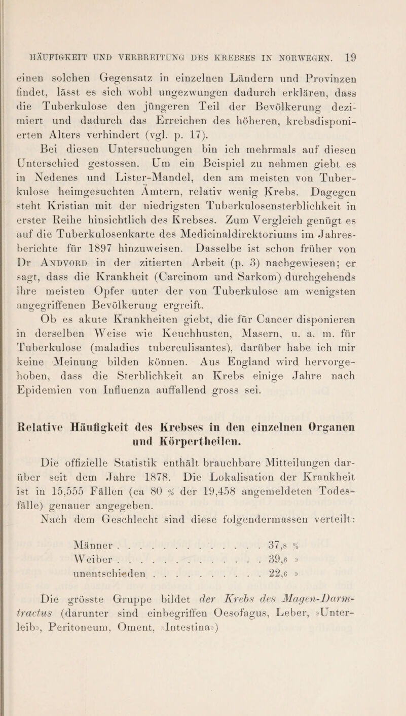 einen solchen Gegensatz in einzelnen Ländern und Provinzen findet, lässt es sich wohl ungezwungen dadurch erklären, dass die Tuberkulose den jüngeren Teil der Bevölkerung dezi- miert und dadurch das Erreichen des höheren, krebsdisponi¬ erten Alters verhindert (vgl. p. 17). Bei diesen Untersuchungen bin ich mehrmals auf diesen Unterschied gestossen. Um ein Beispiel zu nehmen giebt es in Nedenes und Lister-Mandel, den am meisten von Tuber¬ kulose heimgesuchten Ämtern, relativ wenig Krebs. Dagegen steht Kristian mit der niedrigsten Tuberkulosensterblichkeit in erster Reihe hinsichtlich des Krebses. Zum Vergleich genügt es auf die Tuberkulosenkarte des Medicinaldirektoriums im Jahres¬ berichte für 1897 hinzuweisen. Dasselbe ist schon früher von Dr Andvord in der zitierten Arbeit (p. 3) nachgewiesen; er sagt, dass die Krankheit (Carcinom und Sarkom) durchgehends ihre meisten Opfer unter der von Tuberkulose am wenigsten angegriffenen Bevölkerung ergreift. Ob es akute Krankheiten giebt, die für Cancer disponieren in derselben Weise wie Keuchhusten, Masern, u. a. m. für Tuberkulose (maladies tuberculisantes), darüber habe ich mir keine Meinung bilden können. Aus England wird hervorge- hoben, dass die Sterblichkeit an Krebs einige Jahre nach Epidemien von Influenza auffallend gross sei. Relative Häufigkeit des Krebses in den einzelnen Organen und Körpertlieilen. Die offizielle Statistik enthält brauchbare Mitteilungen dar¬ über seit dem Jahre 1878. Die Lokalisation der Krankheit ist in 15,555 Fällen (ca 80 % der 19,458 angemeldeten Todes¬ fälle) genauer angegeben. Nach dem Geschlecht sind diese folgendermassen verteilt: Männer. 37,8 % Weiber.39,6 » unentschieden.22,6 » Die grösste Gruppe bildet der Krebs des Magen-Darm- tractus (darunter sind einbegriffen Oesofagus, Leber, »Unter¬ leib», Peritoneum, Oment, »Intestina»)