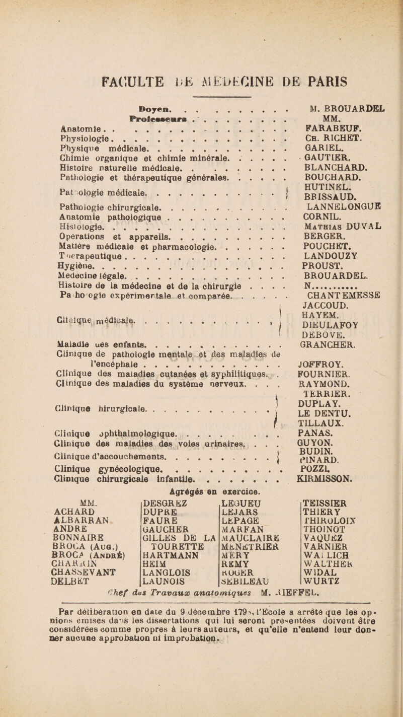 Doyen. Prolessenrs . '. Anatomie.-. Physiologie.. Physique médicale. Chimie organique et chimie minérale. . . . . . Histoire naturelle médicale. . . Pathologie et thérapeutique générales. Pathologie médicale. .. Pathologie chirurgicale.. . . . Anatomie pathologique. Histologie. .. Operations et appareils. Matière médicale et pharmacologie. T '»erapeutiqu©. Hygiène... Medecine légale.. Histoire de la médecine et de la chirurgie . . . . Pa ho ogie expérimentale et comparée. Cüaiqué; médicale.. , ‘j Maladie ues enfants... Clinique de pathologie mentale et des maladies de l’encéphale ... Clinique des maladies cutanées et syphilitiques. . Clinique des maladies du système nerveux. . . . \ Clinique hirurgicale.. Cliüiquô ophthalmologique. Clinique des maladies des voies urinaires. . . . Clinique d’accouchements. . ..j Clinique gynécologique. Clinique chirurgicale infantile. ....... Agrégés en exercice. M. BROUARDEL MM. FARABEUF. Ch. RICHET. GAR1EL. • GAUTIER. BLANCHARD. BOUCHARD. HUT1NEL. BBISSAUD. LANNELONGUE CORNIL. Mathias DUVAL BERGER. POUCHET. LANDOUZY PROUST. BROUARDEL. N. CHANTEMESSE JACCOUD, HAYEM. DIEULAFOY DEBOVE. GRANCHER. JOFFROY. FOURNIER. RAYMOND. TERRIER. DUPLAY. LE DENT U. TILLAUX. PANAS. GUYON. BUD1N. PINARD. POZZi. KJRMISSON. MM. DESGREZ LEGUEU ÂCHARD DUPRE LEJARS ALBARRAN FAURE LEPAGE ANDRE GAUCHER MARFAN BONNAIRE GILLES DE LA MAUCLAIRE BROCA (Aug.) TOURETTE MENETRIER B ROC A (André) HARTMANN MER Y CHAR AIN HEIM RKMY CHASbEVANT LANGLOIS AUGE R DELBET LAUNOIS SEB1LEAU TEISSIER THIERY THIRüLOIX THOINOT vaquez VARNiER WAi LICH WALTHËK W1DAL WURTZ Chef da& Travaux anatomiques M. AIEFFEL. Par délibération en date du 9 décembre 179^, l’Ecole a arrêté que les op - nions ernises dans les dissertations qui lui seront présentées doivent être considérées comme propres à leurs auteurs, et qu’elle n’eatend leur don¬ ner aucune approbation ni improbation.