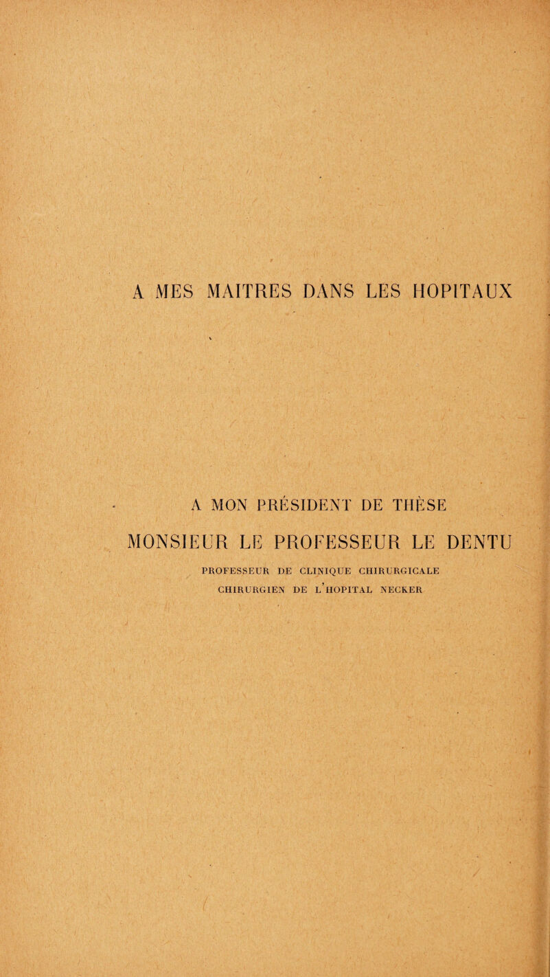 A MES MAITRES DANS LES HOPITAUX A MON PRÉSIDENT DE THÈSE MONSIEUR LE PROFESSEUR LE DENTU PROFESSEUR DE CLINIQUE CHIRURGICALE CHIRURGIEN DE l’hOPITAL NECKER