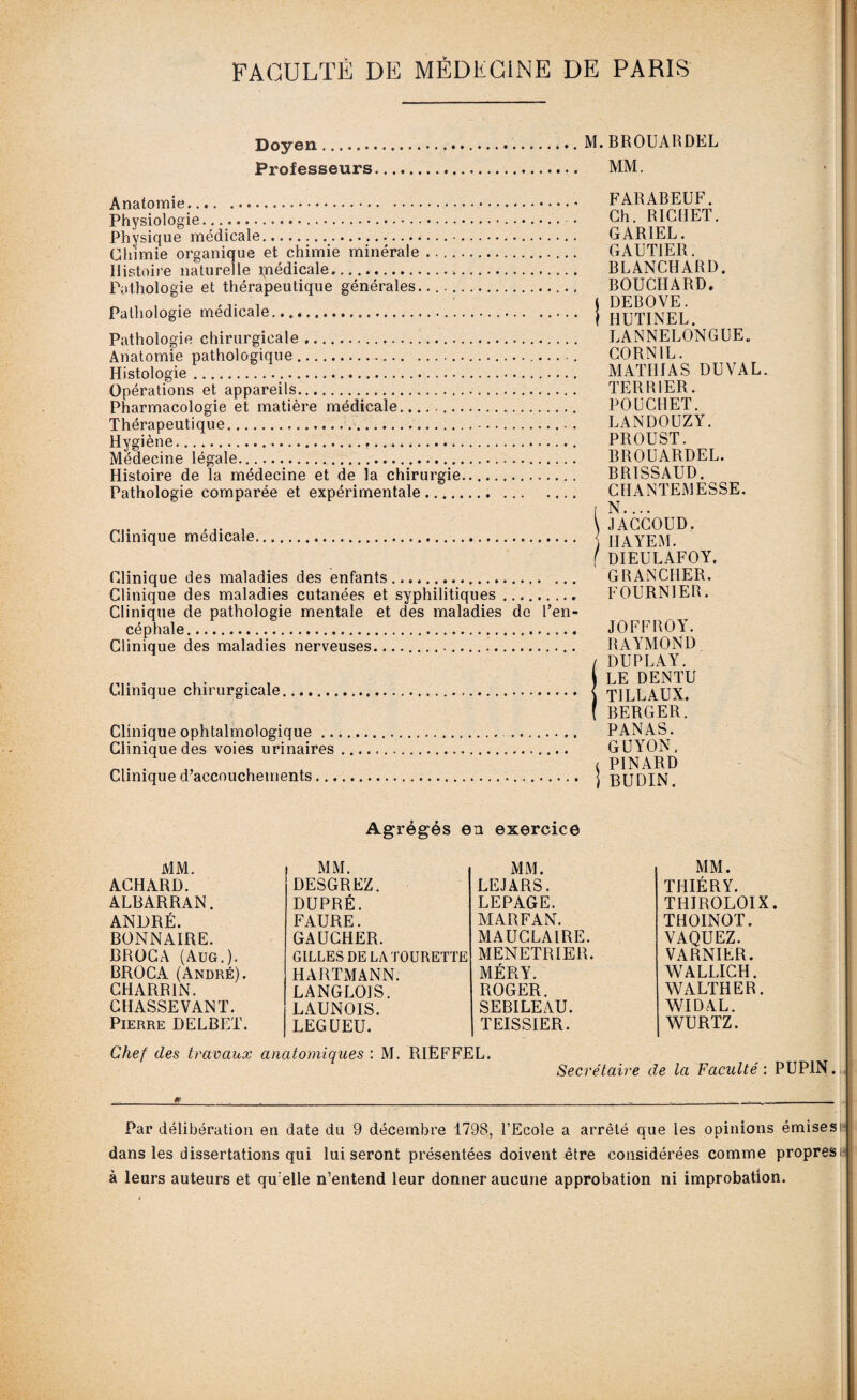 Doyen. Professeurs M. BROUARDEL MM. Anatomie. Physiologie..... Physique médicale. Chimie organique et chimie minérale. Histoire naturelle médicale. Pathologie et thérapeutique générales.... Pathologie médicale. Pathologie chirurgicale. Anatomie pathologique.. Histologie. Opérations et appareils. Pharmacologie et matière médicale.. Thérapeutique.. Hygiène... Médecine légale. Histoire de la médecine et de la chirurgie. Pathologie comparée et expérimentale. Clinique médicale. Clinique des maladies des enfants. Clinique des maladies cutanées et syphilitiques. Clinique de pathologie mentale et des maladies de l’en¬ céphale. Clinique des maladies nerveuses.... Clinique chirurgicale. Clinique ophtalmologique .. Clinique des voies urinaires Clinique d’accouchements... FARABEUF. Ch. RICHET. GAR1EL. GAUTIER. BLANCHARD. BOUCHARD, t DEBOVE. I HUTINEL. LANNELONGUE. C0RN1L. MATIHAS DU VAL. TERRIER. POUCHET. LANDOUZY. PROUST. BROUARDEL. BRISSAUD. CHANTEMESSE. I N.... \JACCOUD. HAYEM. f DIEULAFOY. GRANCHER. FOURNIER. JOFFROY. RAYMOND / DUPLAY. ( LE DENTU \ TILLAUX. ( BERGER. PANAS. GUYON, i PINARD i BUDIN. Agrégés en exercice MM. MM. MM. MM. ACHARD. DESGREZ. LEJARS. THIÉRY. ALBARRAN. DUPRÉ. LEPAGE. THIROLOIX. ANDRÉ. FAURE. MARFAN. THOINOT. BONNAIRE. GAUCHER. MAUCLAIRE. VAQUEZ. BROCA (Aug.). GILLES DE LA TOURETTE MENETRIER. VARNIER. BROCA (André). HARTMANN. MÉRY. WALLICH. CHARR1N. LANGLOIS. ROGER. WALTHER. CHASSEVANT. LAUNOIS. SEB1LEAU. WIDAL. Pierre ÜELBET. LEGUEU. TEISSIER. WURTZ. Chef des travaux anatomiques : M. RIEFFEL. Secrétaire de la Faculté : PUP1N 0. Par délibération en date du 9 décembre 1798, l’Ecole a arrêté que les opinions émises dans les dissertations qui lui seront présentées doivent être considérées comme propres à leurs auteurs et qu elle n’entend leur donner aucune approbation ni improbation.