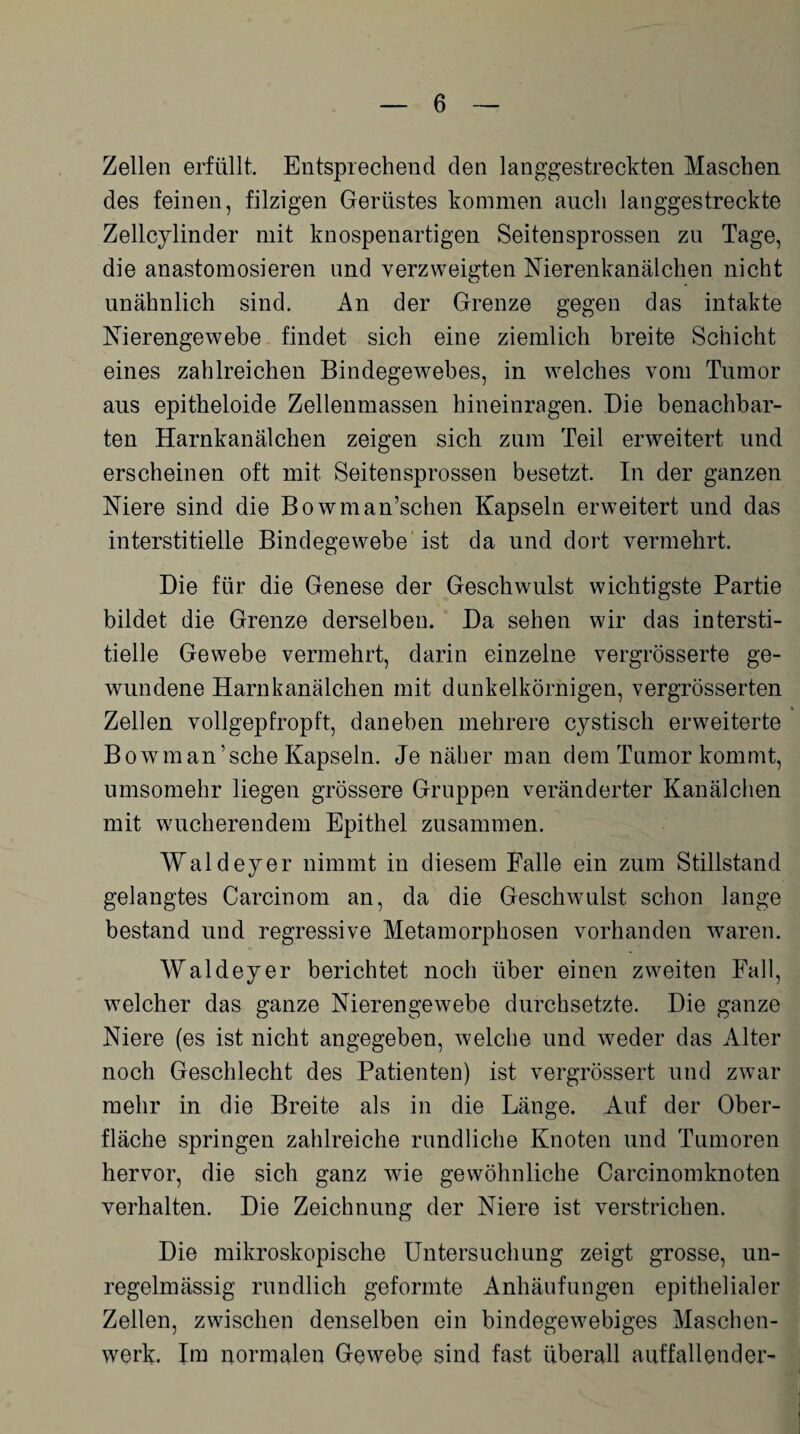 Zellen erfüllt. Entsprechend den langgestreckten Maschen des feinen, filzigen Gerüstes kommen auch langgestreckte Zellcylinder mit knospenartigen Seitensprossen zu Tage, die anastomosieren und verzweigten Nierenkanälchen nicht unähnlich sind. An der Grenze gegen das intakte Nierengewebe findet sich eine ziemlich breite Schicht eines zahlreichen Bindegewebes, in welches vom Tumor aus epitheloide Zellenmassen hineinragen. Die benachbar¬ ten Harnkanälchen zeigen sich zum Teil erweitert und erscheinen oft mit Seitensprossen besetzt. In der ganzen Niere sind die Bowman’schen Kapseln erweitert und das interstitielle Bindegewebe ist da und dort vermehrt. Die für die Genese der Geschwulst wichtigste Partie bildet die Grenze derselben. Da sehen wir das intersti¬ tielle Gewebe vermehrt, darin einzelne vergrösserte ge¬ wundene Harnkanälchen mit dunkelkörnigen, vergrösserten Zellen vollgepfropft, daneben mehrere cystisch erweiterte Bowman’sehe Kapseln. Je näher man dem Tumor kommt, umsomehr liegen grössere Gruppen veränderter Kanälchen mit wucheren dem Epithel zusammen. Waldeyer nimmt in diesem Falle ein zum Stillstand gelangtes Carcinom an, da die Geschwulst schon lange bestand und regressive Metamorphosen vorhanden waren. Waldeyer berichtet noch über einen zweiten Fall, welcher das ganze Nierengewebe durchsetzte. Die ganze Niere (es ist nicht angegeben, welche und weder das Alter noch Geschlecht des Patienten) ist vergrössert und zwar mehr in die Breite als in die Länge. Auf der Ober¬ fläche springen zahlreiche rundliche Knoten und Tumoren hervor, die sich ganz wie gewöhnliche Carcinomknoten verhalten. Die Zeichnung der Niere ist verstrichen. Die mikroskopische Untersuchung zeigt grosse, un¬ regelmässig rundlich geformte Anhäufungen epithelialer Zellen, zwischen denselben ein bindegewebiges Maschen¬ werk. Im normalen Gewebe sind fast überall auffallender-