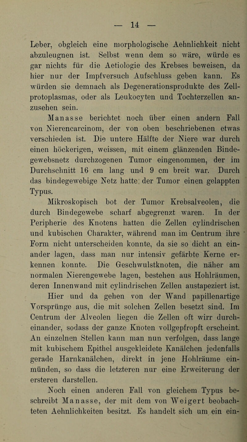 Leber, obgleich eine morphologische Aehnlichkeit nicht abzuleugnen ist. Selbst wenn dem so wäre, würde es gar nichts für die Aetiologie des Krebses beweisen, da hier nur der Impf versuch Aufschluss geben kann. Es würden sie demnach als Degenerationsprodukte des Zell¬ protoplasmas, oder als Leukocyten und Tochterzellen an¬ zusehen sein. Manasse berichtet noch über einen andern Fall von Nierencarcinom, der von oben beschriebenen etwas verschieden ist. Die untere Hälfte der Niere war durch einen höckerigen, weissen, mit einem glänzenden Binde- gewebsnetz durchzogenen Tumor eingenommen, der im Durchschnitt 16 cm lang und 9 cm breit war. Durch das bindegewebige Netz hatte der Tumor einen gelappten Typus. Mikroskopisch bot der Tumor Krebsalveolen, die durch Bindegewebe scharf abgegrenzt waren. In der Peripherie des Knotens hatten die Zellen cylindrischen und kubischen Charakter, während man im Centrum ihre ' Form nicht unterscheiden konnte, da sie so dicht an ein¬ ander lagen, dass man nur intensiv gefärbte Kerne er¬ kennen konnte. Die Geschwulstknoten, die näher am normalen Nierengewebe lagen, bestehen aus Hohlräumen, deren Innenwand mit cylindrischen Zellen austapeziert ist. Hier und da gehen von der Wand papillenartige Vorsprünge aus, die mit solchen Zellen besetzt sind. Im Centrum der Alveolen liegen die Zellen oft wdrr durch¬ einander, sodass der ganze Knoten vollgepfropft erscheint. An einzelnen Stellen kann man nun verfolgen, dass lange mit kubischem Epithel ausgekleidete Kanälchen jedenfalls gerade Harnkanälchen, direkt in jene Hohlräume ein¬ münden, so dass die letzteren nur eine Erweiterung der ersteren darstellen. Noch einen anderen Fall von gleichem Typus be¬ schreibt Manasse, der mit dem von Weigert beobach¬ teten Aelmlichkeiten besitzt. Es handelt sich um ein ein-