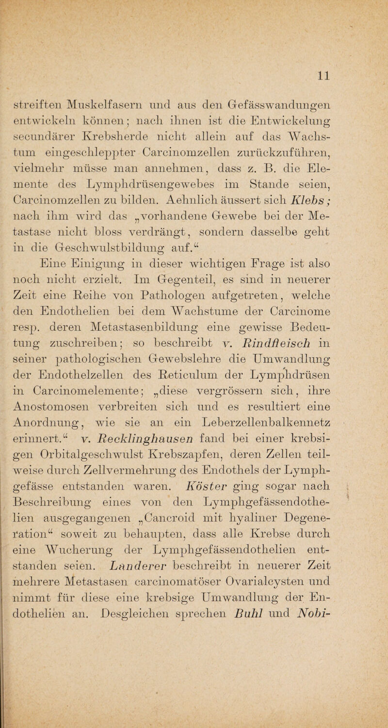 streiften Muskelfasern und aus den Gefässwandungen entwickeln können; nach ihnen ist die Entwickelung secundärer Krebsherde nicht allein auf das Wachs¬ tum eingeschleppter Carcinomzellen zurückzuführen, vielmehr müsse man annehmen, dass z. B. die Ele¬ mente des Lymplidrüsengewebes im Stande seien, Carcinomzellen zu bilden. Aehnlich äussert sich Klebs ; nach ihm wird das „vorhandene Gewebe bei der Me¬ tastase nicht bloss verdrängt, sondern dasselbe geht in die Geschwulstbildung auf.“ Eine Einigung in dieser wichtigen Frage ist also noch nicht erzielt. Im Gegenteil, es sind in neuerer Zeit eine Leihe von Pathologen aufgetreten, welche den Endothelien bei dem Wachstume der Carcinome resp. deren Metastasenbildung eine gewisse Bedeu¬ tung zuschreiben; so beschreibt v. Rindfleisch in seiner pathologischen Gewebslehre die Umwandlung / der Endothelzellen des Beticulum der Lymphdrüsen in Carcinomelemente; „diese vergrössern sich, ihre Anostomosen verbreiten sich und es resultiert eine Anordnung, wie sie an ein Leberzellenbalkennetz erinnert.“ v. Recklinghausen fand bei einer krebsi- gen Orbitalgeschwulst Krebszapfen, deren Zellen teil¬ weise durch Zellvermehrung des Endothels der Lymph- gefässe entstanden waren. Köster ging sogar nach Beschreibung eines von den Lymphgefässendothe- lien ausgegangenen „Cancroid mit hyaliner Degene¬ ration“ soweit zu behaupten, dass alle Krebse durch eine Wucherung der Lymphgefässendothelien ent¬ standen seien. Länderer beschreibt in neuerer Zeit mehrere Metastasen carcinomatöser Ovarialcysten und nimmt für diese eine krebsige Umwandlung der En¬ dothelien an. Desgleichen sprechen Buhl und Nobi-