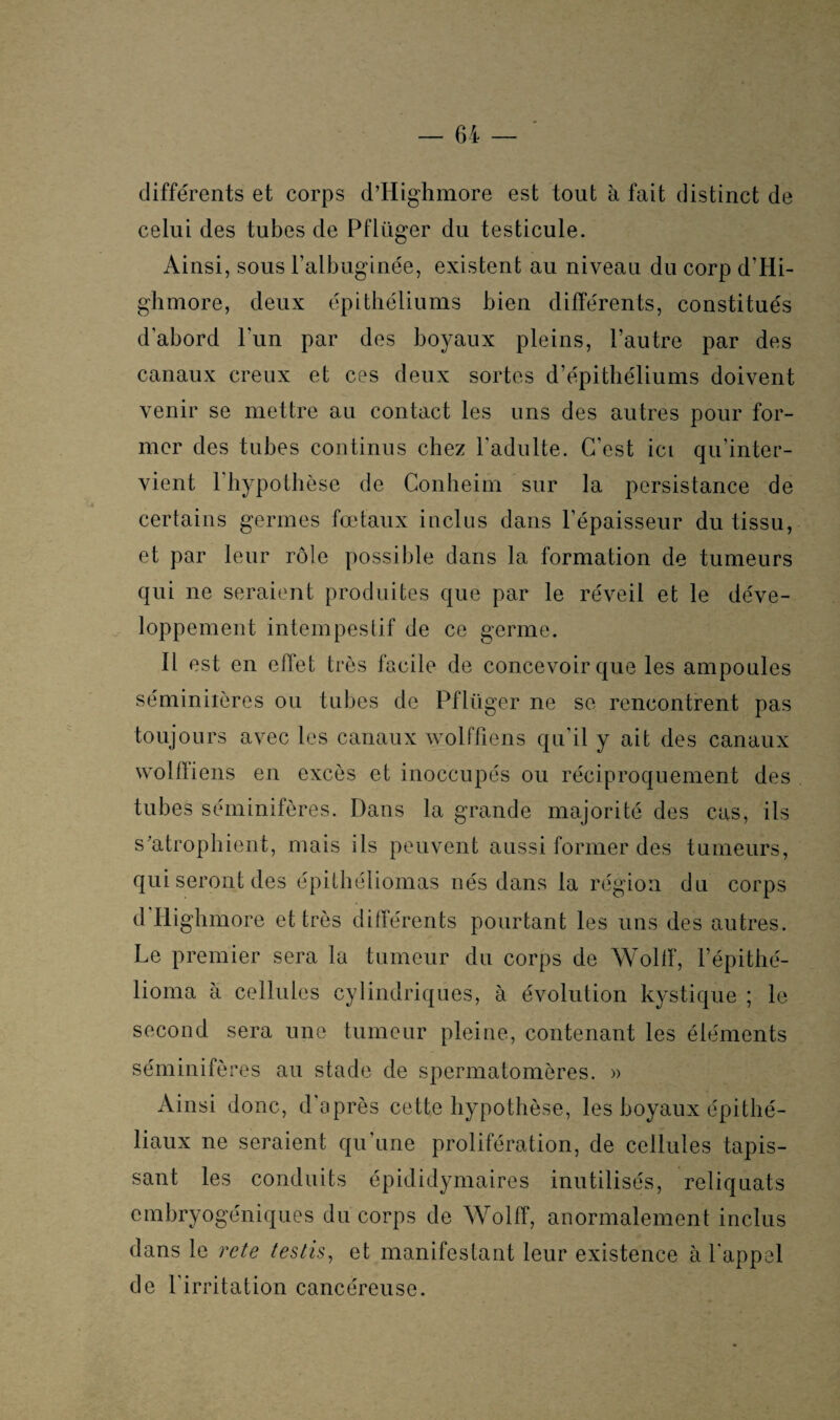 différents et corps d’Highmore est tout à fait distinct de celui des tubes de Pflüger du testicule. Ainsi, sous l’albuginée, existent au niveau du corp d’Hi¬ ghmore, deux épithéliums bien différents, constitués d’abord l'un par des boyaux pleins, l’autre par des canaux creux et ces deux sortes d’épithéliums doivent venir se mettre au contact les uns des autres pour for¬ mer des tubes continus chez l'adulte. C’est ici qu'inter¬ vient 1 hypothèse de Conheim sur la persistance de certains germes fœtaux inclus dans l’épaisseur du tissu, et par leur rôle possible dans la formation de tumeurs qui ne seraient produites que par le réveil et le déve¬ loppement intempestif de ce germe. 11 est en effet très facile de concevoir que les ampoules séminiières ou tubes de Pflüger ne se rencontrent pas toujours avec les canaux wolffiens qu’il y ait des canaux wolfliens en excès et inoccupés ou réciproquement des tubes séminifères. Dans la grande majorité des cas, ils s'atrophient, mais ils peuvent aussi former des tumeurs, qui seront des épithéliomas nés dans la région du corps d Highmore et très différents pourtant les uns des autres. Le premier sera la tumeur du corps de Wolfî, l’épithé- lioma à cellules cylindriques, à évolution kystique ; le second sera une tumeur pleine, contenant les éléments séminifères au stade de spermatomères. » Ainsi donc, d’après cette hypothèse, les boyaux épithé¬ liaux ne seraient qu’une prolifération, de cellules tapis¬ sant les conduits épididymaires inutilisés, reliquats embryogéniques du corps de Wolff, anormalement inclus dans le rcte testis, et manifestant leur existence à l'appel de l'irritation cancéreuse.