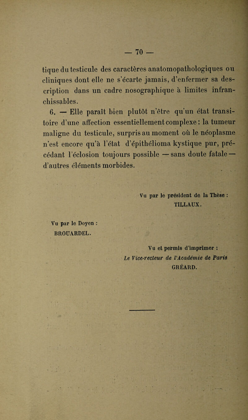 tique du testicule des caractères anatomopathologiques ou cliniques dont elle ne s’écarte jamais, d’enfermer sa des¬ cription dans un cadre nosographique à limites infran¬ chissables. 6. — Elle paraît bien plutôt n’être qu’un état transi¬ toire d’une affection essentiellement complexe : la tumeur maligne du testicule, surpris au moment où le néoplasme n’est encore qu’à l’état d’épithélioma kystique pur, pré¬ cédant l’éclosion toujours possible —sans doute fatale — d'autres éléments morbides. . - • r ' Vu par le président de la Thèse : TILLAUX. Vu par le Doyen : 4 BROUARDEL. Vu et permis d’imprimer : Le Vice-recteur de l’Académie de Paris GRÉARD.