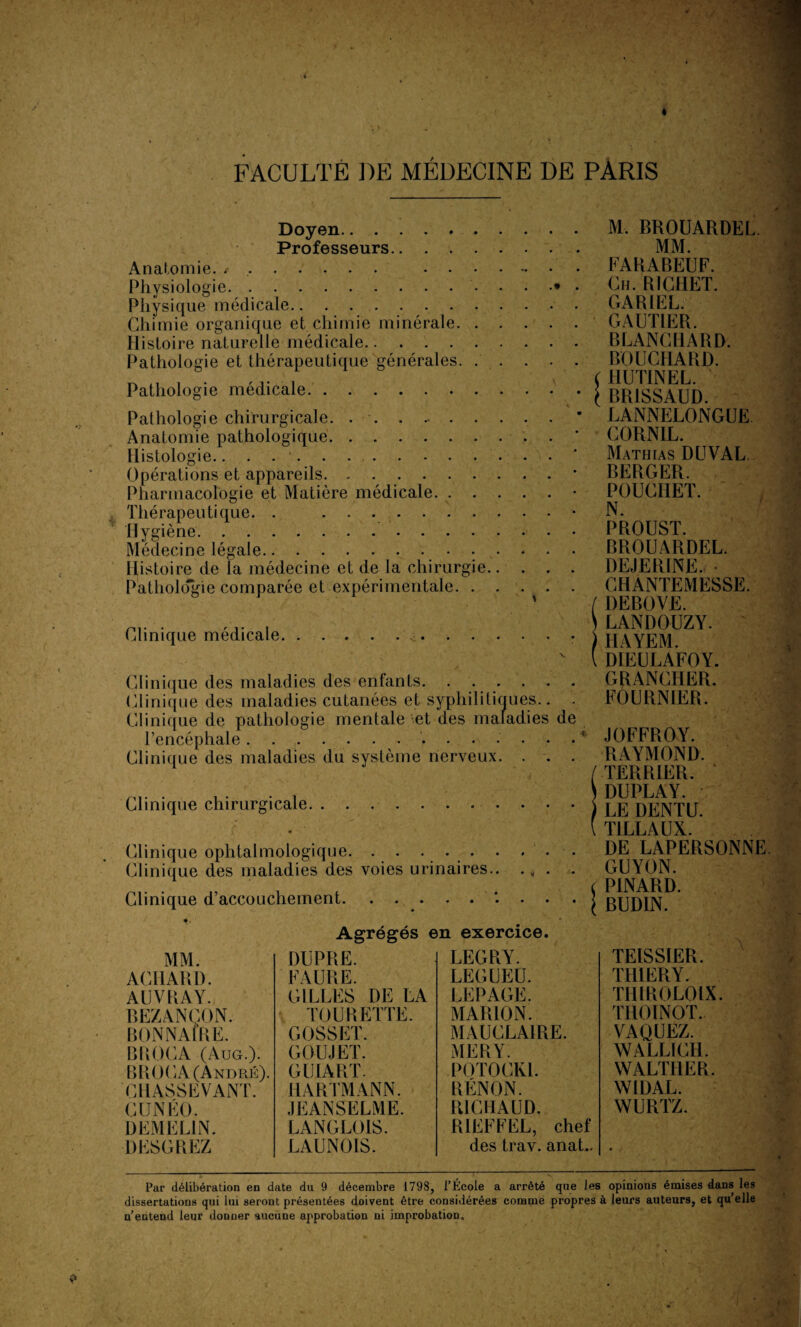 Doyen. Professeurs. Anatomie. .. . . . . Physiologie. Physique médicale.. . . . Chimie organique et chimie minérale. . . Histoire naturelle médicale. Pathologie et thérapeutique générales. . . Pathologie médicale. Pathologie chirurgicale. .. Anatomie pathologique. Histologie... Opérations et appareils. Pharmacologie et Matière médicale. . . . Thérapeutique. . .. Hygiène. Médecine légale. Histoire de la médecine et de la chirurgie.. Pathologie comparée et expérimentale. . . Clinique médicale.. \. Clinique des maladies des enfants. Clinique des maladies cutanées et syphilitiques.. - Clinique de pathologie mentale et des maladies de l’encéphale.. Clinique des maladies du système nerveux. . . . Clinique chirurgicale. ( Clinique ophtalmologique.. . Clinique des maladies des voies urinaires. Clinique d’accouchement.'. . . . M. BROUARDEL. MM. FARABEUF. Ch. RICHET. GARIEL. GAUTIER. BLANCHARD. BOUCHARD. fHUTINEL. i BR1SSAUD. LANNELONGUE CORNIL. Mathias DUVAL BERGER. POUCIIET. N. PROUST. BROUARDEL. DEJERINE. • CHANTEMESSE. ! DEBOVE. LANDOUZY. / LIAYEM. { DIEULAFOY. GRANCHER. FOURNIER. JOFFROY. RAYMOND. /TERRIER. ) DUPLAY. ) LE DENTU. I TILLAUX. DE LAPERSONNE GUYON. ( PINARD. BUD1N. Agrégés en exercice MM. AGHAR1). AUVRAY. BEZANCON. BONNAIRE. B R OC A (Aug.). BROCA (André). CllASSEVANT. CUNÉO. DEMEL1N. DESGREZ DUPRE. FAURE. GILLES DE LA TOURETTE. GOSSET. GOUJET. GUI ART. HARTMANN. JEANSELME. LANGLOIS. LAUNOIS. LEGRY. LEGUEU. LEPAGE. MARION. MAUCLA1RE. MER Y. POTOCKI. RÉNON. RICHAUD. RIEFFEL, chef des trav. anat.. TEISSIER. TH1ERY. THIROLOIX THOINOT. VAQUEZ. WALLICH. WALTHER. WIDAL. WURTZ. Par délibération en date du 9 décembre 1798, l’École a arrêté que les opinions émises dans les dissertations qui lui seront présentées doivent être considérées comtne propres à leurs auteurs, et quelle n’entend leur donner aucune approbation ni improbation.