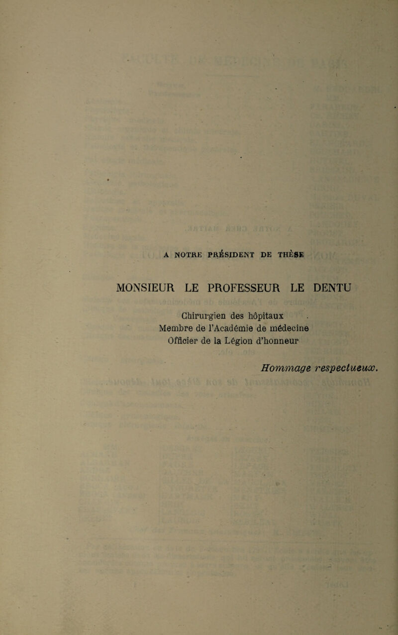 A NOTRE PRÉSIDENT DE THÈSE MONSIEUR LE PROFESSEUR LE DENTU Chirurgien des hôpitaux Membre de l’Académie de médecine Officier de la Légion d’honneur Hommage respectueux.