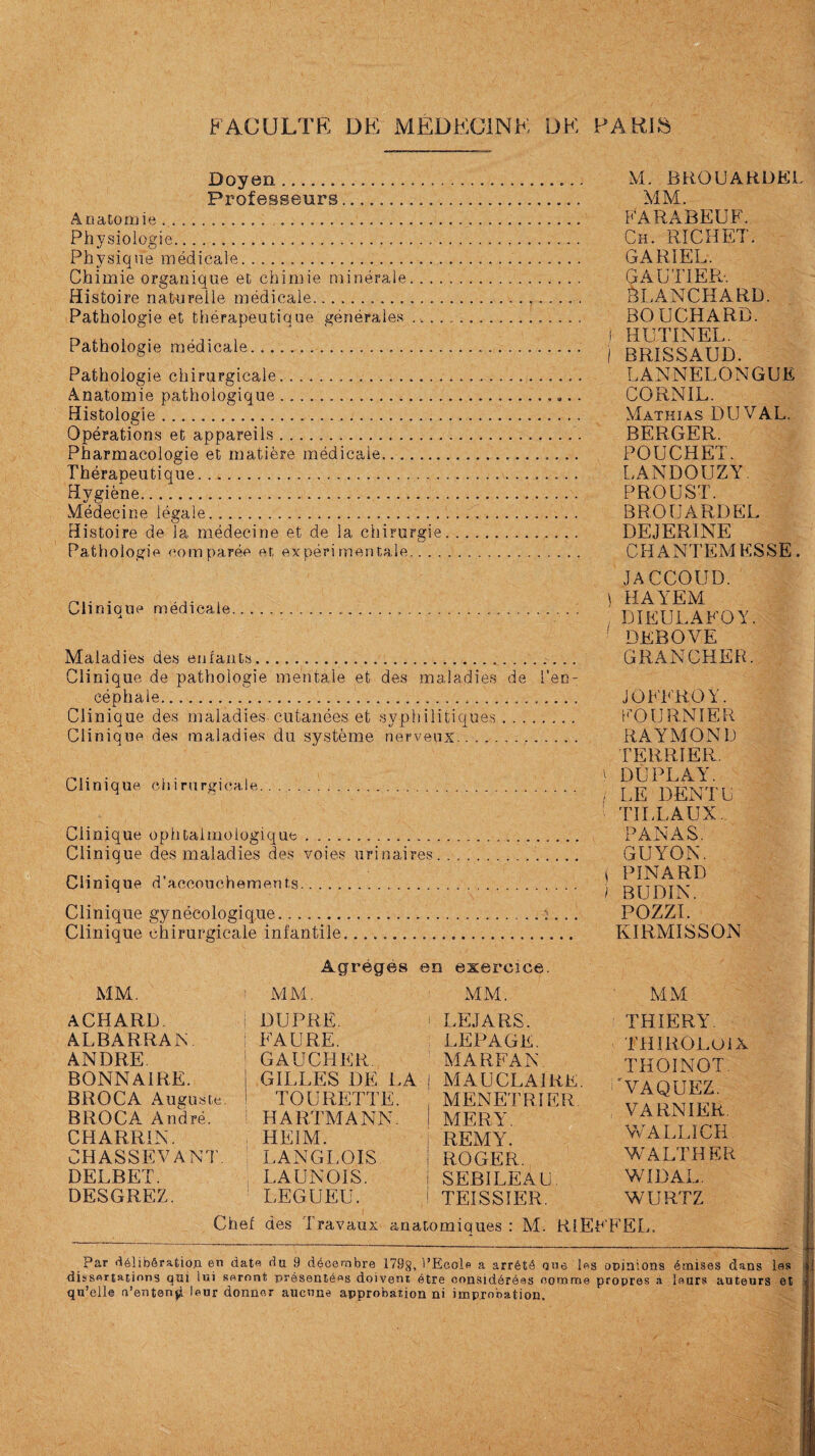 Doyen.... Professeurs. Anatomie. .. Physiologie... Physique médicale. Chimie organique et chimie minérale. Histoire naturelle médicale.. Pathologie et thérapeutique générales ... Pathologie médicale. .. Pathologie chirurgicale. Anatomie pathologique ..... Histologie ... Opérations et appareils. Pharmacologie et matière médicale. Thérapeutique.. Hygiène... Médecine légale. Histoire de la médecine et de la chirurgie. Pathologie comparée er, expérimentale. Clinique médicale... Maladies des enfants. Clinique de pathologie mentale et des maladies de l’en céphaie... Clinique des maladies cutanées et syphilitiques. Clinique des maladies du système nerveux. Clinique chirurgicale. Clinique ophtalmologique... Clinique des maladies des voies urinaires. Clinique d'accouchements... Clinique gynécologique.:.. Clinique chirurgicale infantile.... M. BROUARDEL MM. FARABEUF. Ch. RICHET. GARIEL. GAUTIER-. BLANCHARD. BOUCHARD, i HUTINEL. i BRISSAUD. LANNELONGUE CORNIL. Mathias DU VAL. BERGER. POUCHET. LANDOUZY. PROUST. BROUARDEL DEJERINE CHANTEMESSE. JACCOUD, i HAYEM , DIEULAFQY. ! DEBOVE GRANGHER. JOEEROY. FOURNIER RAYMOND TERRIER. ! DU PLAY. / LE DENT U TILLAUX. PANAS. GUYON. i PINARD ) BUDIN. POZZI. KIRMISSON MM. ACHARD. ALBARRAN ANDRE BONNAIRE. BROCA Auguste BROCA André. CHARRIN. CHASSEVANT. DELBET. DESGREZ. Agrégés MM. DU PRE. FAURE. GAUCHER GILLES DE LA TOURETTE. HARTMANN. HE1M. LANGLOIS. LAUNOIS. LEGUEU. en exercice. MM. i LE J A RS. LEPAGE. MARFAN. | MAU CLAIRE. , MENETRIER. ! MER Y. REMY, i ROGER, i SEBILE A U ! TEISSIER. MM THIERY. THIROLOIX THOINOT. ''VAQUEZ. , VARNIER. WALLICH WALTHER WIDAL. WURTZ Chef des Travaux anatomiques : M. RlEFEEL, Par délibération en date du 9 décembre 179g, l'Ecole a arrêté orne les opinions émises dans las dissertations qui lui seront présentées doivent être considérées nomme propres a leurs auteurs et qu’elle m’entend leur donner aucune approbation ni improbation.