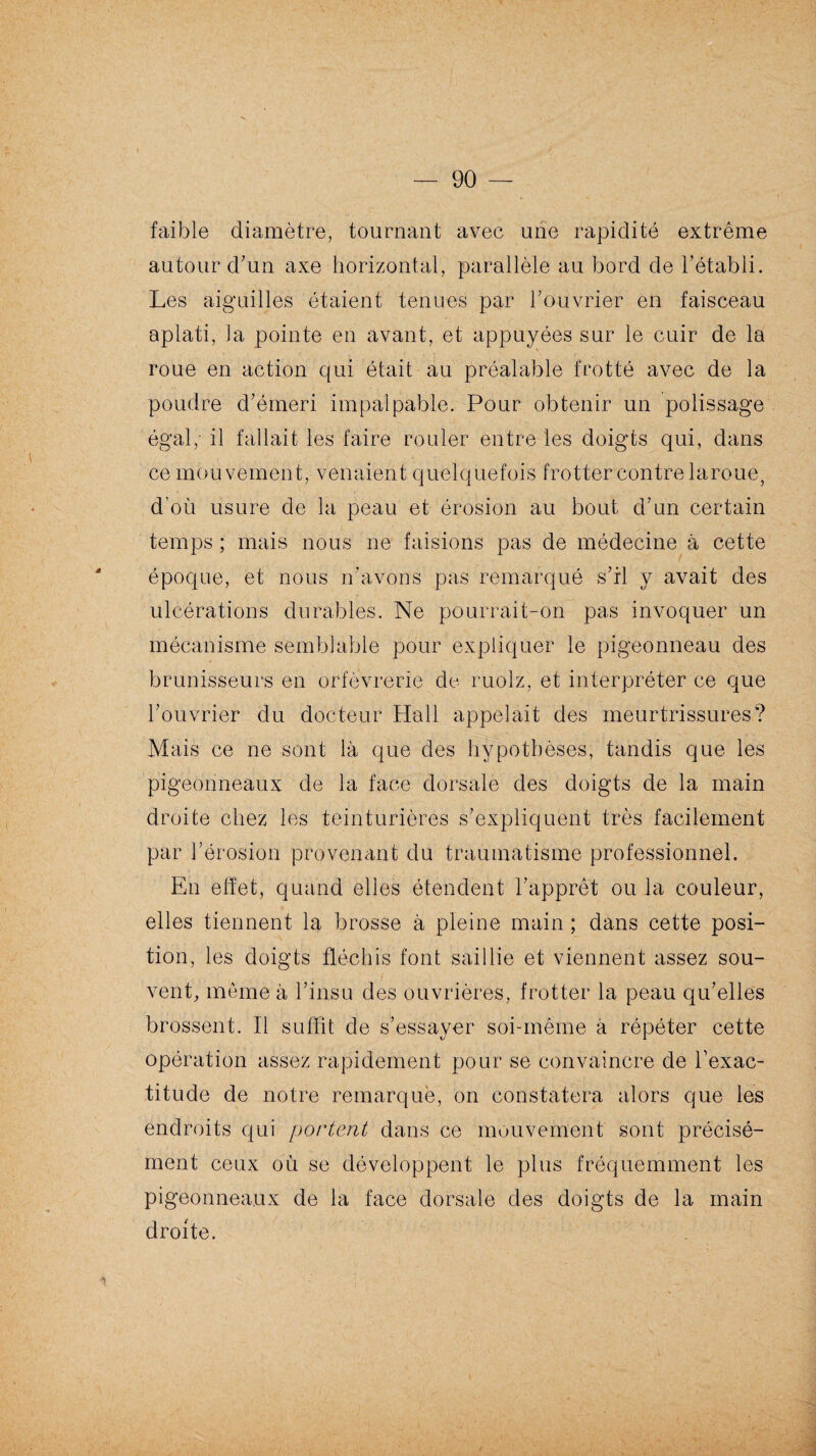 faible diamètre, tournant avec une rapidité extrême autour d’un axe horizontal, parallèle au bord de rétabli. Les aiguilles étaient tenues par l’ouvrier en faisceau aplati, la pointe en avant, et appuyées sur le cuir de la roue en action qui était au préalable frotté avec de la poudre d’émeri impalpable. Pour obtenir un polissage égal; il fallait les faire rouler entre les doigts qui, dans ce mouvement, venaient quelquefois frotter contre laroue, d’où usure de la peau et érosion au bout d’un certain temps ; mais nous ne faisions pas de médecine à cette époque, et nous n’avons pas remarqué s’il y avait des ulcérations durables. Ne pourrait-on pas invoquer un mécanisme semblable pour expliquer le pigeonneau des brunisseurs en orfèvrerie de ruolz, et interpréter ce que l’ouvrier du docteur Hall appelait des meurtrissures? Mais ce ne sont là que des hypothèses, tandis que les pigeonneaux de la face dorsale des doigts de la main droite chez les teinturières s’expliquent très facilement par l’érosion provenant du traumatisme professionnel. En effet, quand elles étendent l’apprêt ou la couleur, elles tiennent la brosse à pleine main ; dans cette posi¬ tion, les doigts fléchis font saillie et viennent assez sou¬ vent, même à l’insu des ouvrières, frotter la peau qu’elles brossent. Il suffit de s’essayer soi-même à répéter cette opération assez rapidement pour se convaincre de l’exac¬ titude de notre remarque, on constatera alors que les endroits qui portent dans ce mouvement sont précisé¬ ment ceux où se développent le plus fréquemment les pigeonneaux de la face dorsale des doigts de la main droite.