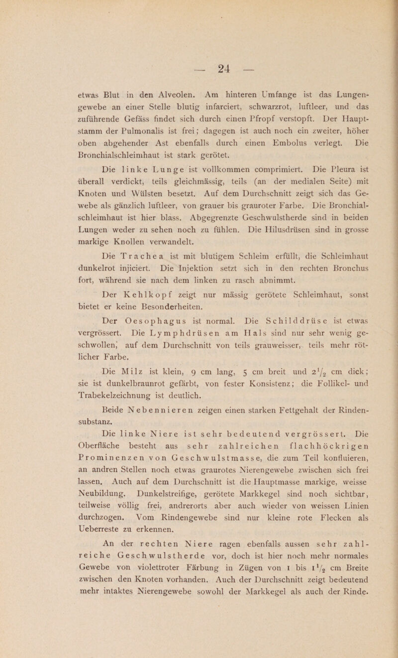 etwas Blut in den Alveolen. Am hinteren Umfange ist das Lungen¬ gewebe an einer Stelle blutig infarciert, schwarzrot, luftleer, und das zuführende Gefäss findet sich durch einen Pfropf verstopft. Der Haupt¬ stamm der Pulmonalis ist frei; dagegen ist auch noch ein zweiter, höher oben abgehender Ast ebenfalls durch einen Embolus verlegt. Die Bronchialschleimhaut ist stark gerötet. Die linke Lunge ist vollkommen comprimiert. Die Pleura ist überall verdickt, teils gleichmässig, teils (an der medialen Seite) mit Knoten und Wülsten besetzt. Auf dem Durchschnitt zeigt sich das Ge¬ webe als gänzlich luftleer, von grauer bis grauroter Farbe. Die Bronchial¬ schleimhaut ist hier blass. Abgegrenzte Geschwulstherde sind in beiden Lungen weder zu sehen noch zu fühlen. Die Hilusdrüsen sind in grosse markige Knollen verwandelt. Die Trachea ist mit blutigem Schleim erfüllt, die Schleimhaut dunkelrot injiciert. Die Injektion setzt sich in den rechten Bronchus fort, während sie nach dem linken zu rasch abnimmt. Der Kehlkopf zeigt nur mässig gerötete Schleimhaut, sonst bietet er keine Besonderheiten. Der Oesophagus ist normal. Die Schilddrüse ist etwas vergrössert. Die Lymphdrüsen am Hals sind nur sehr wenig ge¬ schwollen, auf dem Durchschnitt von teils grauweisser, teils mehr röt¬ licher Farbe. Die Milz ist klein, 9 cm lang, 5 cm breit und 21/2 cm dick; sie ist dunkelbraunrot gefärbt, von fester Konsistenz; die Follikel- und Trabekelzeichnung ist deutlich. Beide Nebennieren zeigen einen starken Fettgehalt der Rinden¬ substanz. Die linke Niere ist sehr bedeutend vergrössert. Die Oberfläche besteht aus sehr zahlreichen flach höckrigen Prominenzen von Geschwulstmasse, die zum Teil konfluieren, an andren Stellen noch etwas graurotes Nierengewebe zwischen sich frei lassen. Auch auf dem Durchschnitt ist die Hauptmasse markige, weisse Neubildung. Dunkelstreifige, gerötete Markkegel sind noch sichtbar, teilweise völlig frei, andrerorts aber auch wieder von weissen Linien durchzogen. Vom Rindengewebe sind nur kleine rote Flecken als Ueberreste zu erkennen. An der rechten Niere ragen ebenfalls aussen sehr zahl¬ reiche Geschwulstherde vor, doch ist hier noch mehr normales Gewebe von violettroter Färbung in Zügen von 1 bis 11/2 cm Breite zwischen den Knoten vorhanden. Auch der Durchschnitt zeigt bedeutend mehr intaktes Nierengewebe sowohl der Markkegel als auch der Rinde.