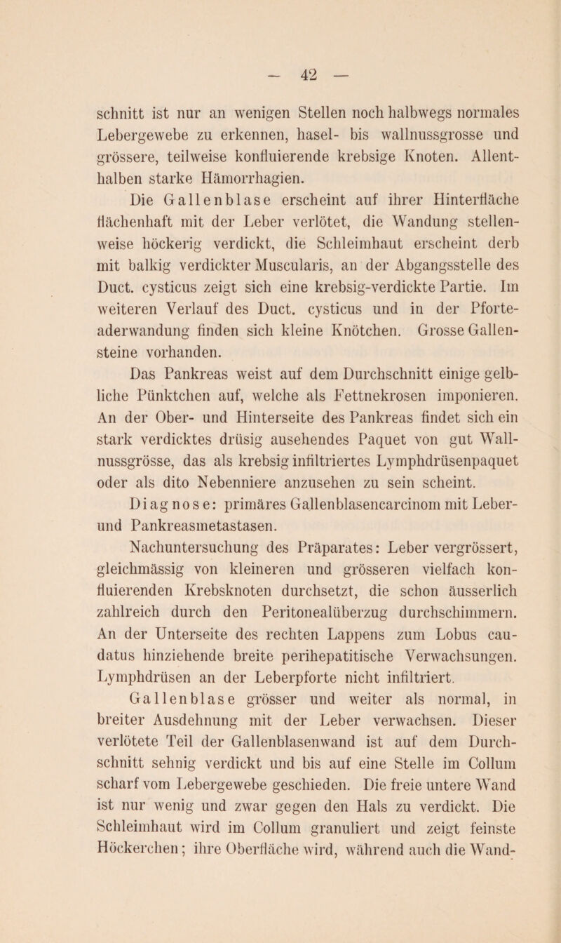 schnitt ist nur an wenigen Stellen noch halbwegs normales Lebergewebe zu erkennen, hasel- bis wallnussgrosse und grössere, teilweise konlluierende krebsige Knoten. Allent¬ halben starke Hämorrhagien. Die Gallenblase erscheint auf ihrer Hinterfläche flächenhaft mit der Leber verlötet, die Wandung stellen¬ weise höckerig verdickt, die Schleimhaut erscheint derb mit balkig verdickter Muscularis, an der Abgangsstelle des Duct. cysticus zeigt sich eine krebsig-verdickte Partie. Im weiteren Verlauf des Duct. cysticus und in der Pforte¬ aderwandung finden sich kleine Knötchen. Grosse Gallen¬ steine vorhanden. Das Pankreas weist auf dem Durchschnitt einige gelb¬ liche Pünktchen auf, welche als Fettnekrosen imponieren. An der Ober- und Hinterseite des Pankreas findet sich ein stark verdicktes drüsig ausehendes Paquet von gut Wall- nussgrösse, das als krebsig infiltriertes Lymphdrüsenpaquet oder als dito Nebenniere anzusehen zu sein scheint. Diagnose: primäres Gallenblasencarcinom mit Leber¬ und Pankreasmetastasen. Nachuntersuchung des Präparates: Leber vergrössert, gleichmässig von kleineren und grösseren vielfach kon- fluierenden Krebsknoten durchsetzt, die schon äusserlich zahlreich durch den Peritonealüberzug durchschimmern. An der Unterseite des rechten Lappens zum Lobus cau- datus hinziehende breite perihepatitische Verwachsungen. Lymphdrüsen an der Leberpforte nicht infiltriert. Gallenblase grösser und weiter als normal, in breiter Ausdehnung mit der Leber verwachsen. Dieser verlötete Teil der Gallenblasenwand ist auf dem Durch¬ schnitt sehnig verdickt und bis auf eine Stelle im Collum scharf vom Lebergewebe geschieden. Die freie untere Wand ist nur wenig und zwar gegen den Hals zu verdickt. Die Schleimhaut wird im Coli um granuliert und zeigt feinste Höckerchen; ihre Oberfläche wird, während auch die Wand-