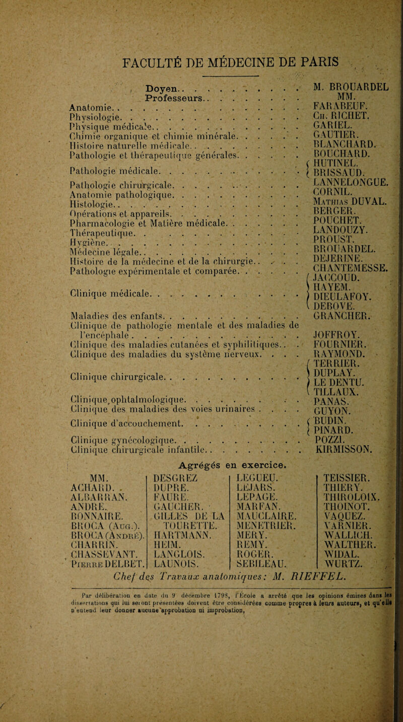 Doyen.M. BROUARDEL Professeurs. MM. Anatomie. .FARABEUF. Physiologie. ..Ch; RÎGIIET. Physique médicale.. . .. GARIEL. Chimie organique et chimie minérale. GAUTIER. Histoire naturelle médicale.BLANCHARD. Pathologie et thérapeutique générales. BOUCHARD. 11 , C HUTINEL. Pathologie médicale.{ BR1SSAUD. Pathologie chirurgicale.•.rnRNTr^^^^^' Anatomie pathologique.CO RIS IL. Hi^tolncrip Mathias DUVAL. .,•.PFPCüR Opérations et appareils. . ... pmTrTTPT Pharmacologie et Matière médicale. f Thérapeutique.• {^DOUZY. Hveiène .'• • • • * • • * KUUul. Médecine légaie. S5i|^m5SEL’ Histoire de la médecine et de la chirurgie.. . . . h'CyVp h • ~ „ Pathologie expérimentale et comparée.. ri. . ... , HAYEM. Clinique medicale. . ... S DIEULAFOY ( DEBOVE. Maladies des enfants.GRANCHER. Clinique de pathologie mentale et des maladies de l’encéphale.JOFFROY. Clinique des maladies cutanées et syphilitiques.. . FOURNIER. Clinique des maladies du système nerveux. . . . RAYMOND. • / TERRIER. Clinique chirurgicale.< Clinique, ophtalmologique. Clinique des maladies des voies urinaires . Clinique d’accouchement. K1RMISS0N. LE DENTU. T1LLAUX. PANAS. GUYON. ( BUDIN. I PINARD. Clinique gynécologique..P0ZZ1. Clinique chirurgicale infantile. Agrégés en exercice. TEISSIER. THIERY. TH1R0L01X. THOINOT. VAQUEZ. VARN1ER. WALLICH. WALTHER. WIDAL. WURTZ. Chef dçs Travaux anatomiques : M. RIEFFEL. MM. DESGREZ LEGUEU. ACHARD. . DUPRE. LEJARS. ALBARRAN. FAURE. LEPAGE. ANDRE.. GAUCHER. MAR FAN. B0NNA1RE. GILLES DE LA M A UC L AIRE. BROCA (Aug.). TOURETTE. MENETRIER. BROCA (André). HARTMANN. MERY. CHAR RI N. HEIM. REMY. CHASSEVANT. LANGLOIS. ROGER. Pierre DELBET. LAUNOIS. SEB1LEAU. Par délibération en date, du 9 décembre 1798, l’Ecole a arrêté que les opinions émises dans les dissertations qui lui seiont présentées doivent être considérées comme propres à leurs auteurs, et qu’elle n’entend leur donner aucune'approbation ni improbation, t