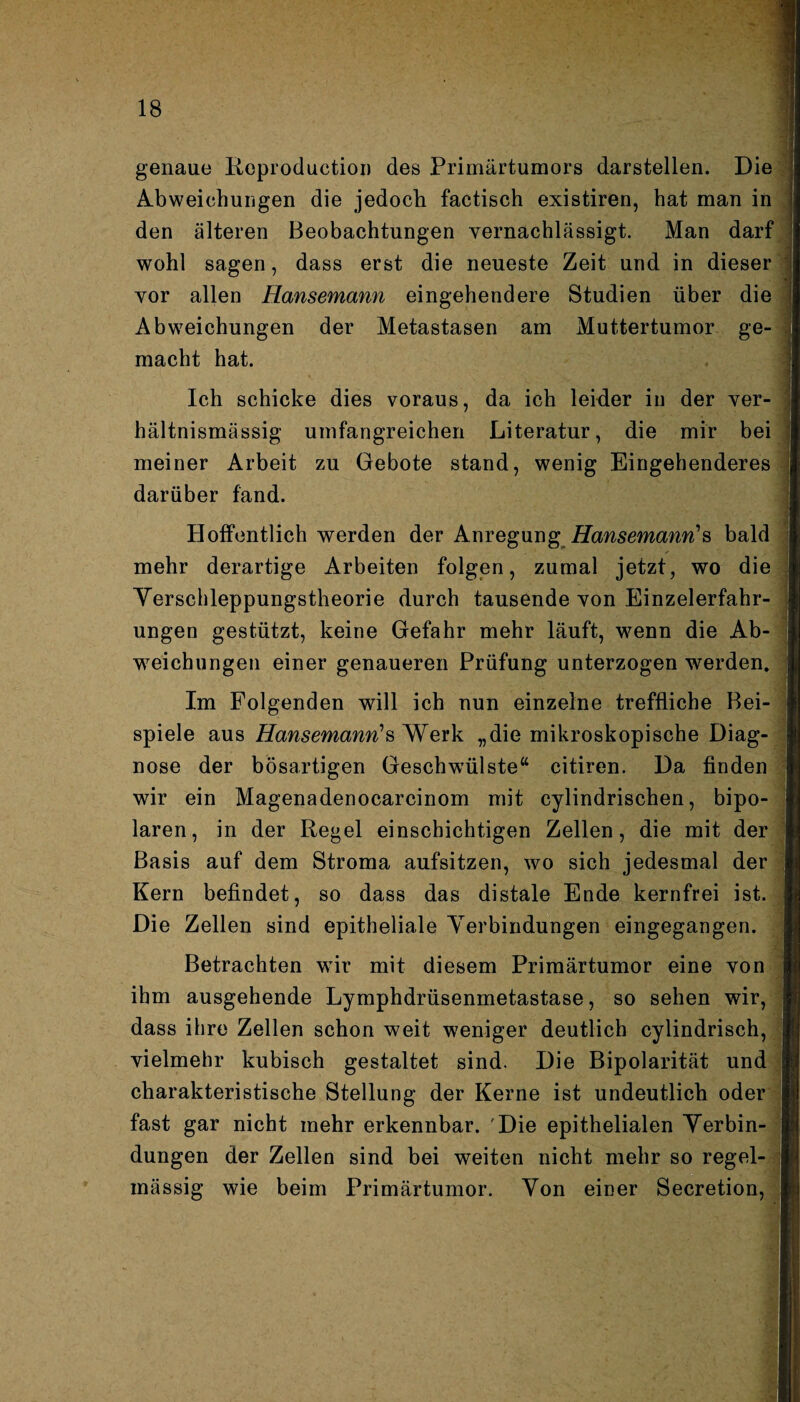 genaue Reproduction des Primärtumors darstellen. Die Abweichungen die jedoch factisch existiren, hat man in den älteren Beobachtungen vernachlässigt. Man darf wohl sagen, dass erst die neueste Zeit und in dieser vor allen Hansemann eingehendere Studien über die Abweichungen der Metastasen am Muttertumor ge¬ macht hat. Ich schicke dies voraus, da ich leider in der ver¬ hältnismässig umfangreichen Literatur, die mir bei meiner Arbeit zu Gebote stand, wenig Eingehenderes darüber fand. Hoffentlich werden der AnregungHansemann's bald mehr derartige Arbeiten folgen, zumal jetzt, wo die Yerschleppungstheorie durch tausende von Einzelerfahr ungen gestützt, keine Gefahr mehr läuft, wenn die Ab¬ weichungen einer genaueren Prüfung unterzogen werden. Im Folgenden will ich nun einzelne treffliche Bei spiele aus Hansemann'’s Werk „die mikroskopische Diag¬ nose der bösartigen Geschwülste“ citiren. Da finden wir ein Magenadenocarcinom mit cylindrischen, bipo¬ laren, in der Regel einschichtigen Zellen, die mit der Basis auf dem Stroma aufsitzen, wo sich jedesmal der Kern befindet, so dass das distale Ende kernfrei ist. Die Zellen sind epitheliale Verbindungen eingegangen. Betrachten wir mit diesem Primärtumor eine von ihm ausgehende Lymphdrüsenmetastase, so sehen wir, dass ihre Zellen schon weit weniger deutlich cylindrisch, I vielmehr kubisch gestaltet sind. Die Bipolarität und charakteristische Stellung der Kerne ist undeutlich oder fast gar nicht mehr erkennbar. Die epithelialen Verbin¬ dungen der Zellen sind bei weiten nicht mehr so regel- j rnässig wie beim Primärtumor. Von einer Secretion, ■ I ■I 1| 1