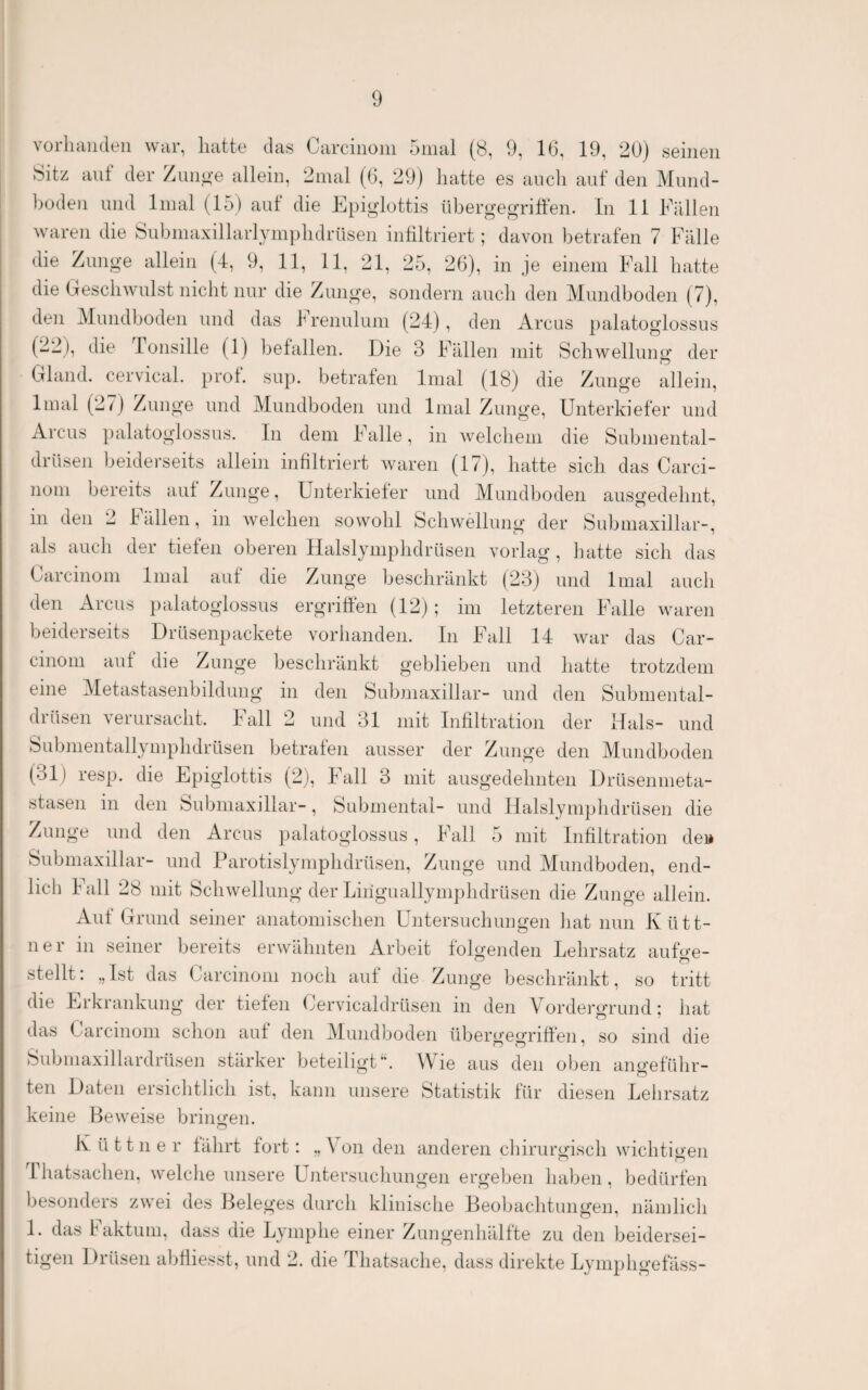 vorliaiuleii war, hatte das Carciiiom 5mal (8, 9, 16, 19, 20) seinen Sitz ant der Znn_i>’e allein, 2nial (6, 29) hatte es auch anf den Mnnd- boden und Inial (15) auf die Epiglottis iibergegritfen. ln 11 Eällen waren die Subinaxillarlymphdrüsen infiltriert; davon betrafen 7 Fälle die Zunge allein (-1, 9, 11, 11, 21, 25, 26), in je einem Fall hatte die Geschwulst nicht nur die Zunge, sondern auch den Mnndboden (7), den Mnndboden und das brenulum (24), den Arcus palatoglossus (22), die ronsille (1) befallen. Die 3 Fällen mit Schwellung der Gland. cervical. prot. sup. betrafen linal (18) die Zunge allein, Imal (27) Zunge und Mundboden und Imal Zunge, Unterkiefer und Arcus palatoglossus. In dem Falle, in welchem die Submental¬ drüsen beiderseits allein infiltriert waren (17), hatte sich das Carci- nom bereits auf Zunge, Unterkiefer und Mundboden ausgedehnt, in den 2 fällen, in welchen sowohl Schwellung der Submaxillar-, als auch der tiefen oberen Halslymphdrüsen vorlag, hatte sich das Carcmom Imal auf die Zunge beschränkt (23) und Imal auch den Arcus palatoglossus ergriffen (12) ; im letzteren Falle waren beiderseits Drüsenpackete vorhanden. In Fall 14 war das Car- cinom auf die Zunge beschränkt geblieben und hatte trotzdem eine Metastasenbildung in den Submaxillar- und den Submental¬ drüsen verursacht. Fall 2 und 31 mit Infiltration der Hals- und Submentallymphdrüsen betrafen ausser der Zunge den Mnndboden (31) resp. die Epiglottis (2), Fall 3 mit ausgedehnten Drüsenmeta¬ stasen in den Submaxillar-, Submental- und Halslymphdrüsen die Zunge und den Arcus palatoglossus, Fall 5 mit Infiltration den Submaxillar- und Parotislymphdrüsen, Zunge und Mundboden, end¬ lich Fall 28 mit Schwellung der Linguallymphdrüsen die Zunge allein. Auf Grund seiner anatomischen Untersuchungen hat nun Kütt- ner in seiner bereits erwähnten Arbeit folgenden Lehrsatz auffre- stellt: „Ist das Carcinom noch auf die Zunge beschränkt, so tritt die Erkrankung der tiefen Cervicaldrüsen in den Vordergrund; hat das Carcinom schon auf den Mundboden übergegriffen, so sind die Submaxillardrüsen stärker beteiligtWie aus den oben angeführ¬ ten Daten ersichtlich ist, kann unsere Statistik für diesen Lehrsatz keine Beweise bringen. iv ü 1111 e r fährt fort: „Aon den anderen chirurgisch wichtigen Ihatsachen, welche unsere Untersuchungen ergeben haben, bedürfen besonders zwei des Beleges durch klinische Beobachtungen, nämlich I. das baktuni, dass die Lymphe einer Zungenhälfte zu den beidersei¬ tigen Drüsen abffiesst, und 2. die Thatsache, dass direkte Lymphgefäss-