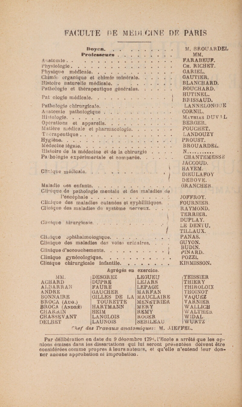 Doyen.. , ProfeMAHirs.. . Anatomie. . .. Physiologie.. Physique médicale. ............ Chimie organique et chimie minérale. . . . » . Histoire naturelle médicale. . ....... Pathologie et thérapeutique générales. ; . . . . Pat ologie médicale. . ..] Pathologie chirurgicale. ..... ... Anatomie pathologique .. Histologie. .. Opérations et appareils, .......... Matière médicale et pharmacologie. .. T ! érapeutiquo .. Hygiène... .. Médecine légale... . Histoire d© la médecine et de la chirurgie . . . . Pathologie expérimentale et comparé©. Clinique médicale.. , j Maladie u@s enfants. .. Clinique de pathologie mentale et des maladies de l’encéphale.. . Clinique des maladies cutanées et syphilitiques. . Clinique des maladies du système nerveux, . . . Clinique hirorgicaie. ..... Cliuique ophlkalmoiogique. . . Clinique des maladies des voies umaires. . . . Clinique d’accouchements. ........ . j Clinique gynécologique. ......... Clinique chirurgicale infantile.. M. BROÜÂRDEL MM. FARABEUP. Ch. RICHET. GARIEL. GAUTIER, BLANCHARD. BOUCHARD. HUTINEL. BBISSAUD. LANNELONGUE GORNIL. Mathias DUV A L BERGER. POUCHET. LANDOUZY PROUST. BROÜARDEL. N. GHANTEMESSE JACCOUD. HAYEM. D1EULAFOY DEBOYE. GRANCHER. JOFFROY. FOURNIER. RAYMOND. TERRIER. DUPLAY. LE DENT U. TILLAUX. PANAS. GUYON. BUDIN. PINARD. POZZ1. KIRMISSON, Agrégés en ©cercles. TEISSIER THIERY THIRQLOIX THOINOT VAQUEZ YARNIER WALLICH WALT HE IL WID AL WURTZ Chef des Travaux anatomiques'. M. RIEFFEL. MM. DÏÏSGRSZ LEGUEU AGHARD DUPRE LEJARS ALBARRAN FAURE LEPAGE ANDRE GAUCHER MARFAN BONNAIRE GILLES DE LA MAUCLAIRE BROCA (Aug.) TOURÏÏTTE MENETRIER BROGA (André) HARTMANN MER Y CHARxUN HEIM REMY CH ASSEYANT LANGLOIS ROGER DELBET LAUNOIS SEBILE A U Par délibération en date du 9 décembre 1798, l’Ecole a arrêté que les op¬ inions émises dans les dissertations qui lui seront présentées doivent être considérées comme propres à leurs auteurs, et qu’elle n’entend leur don¬ ner aucune approbation ni improbation.