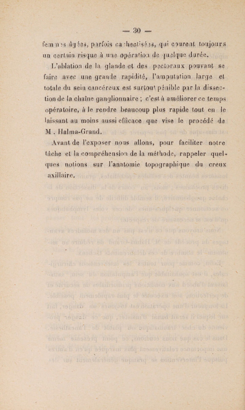 femmes âgijei, ptrfojs ca ïhectisé es, qui courant toujours un certain risque à une opération de quelque durée. L’ablation de la glande et des pectoraux pouvant se faire avec une grande rapidité, l’amputation large et totale du sein cancéreux est surtout pénible par la dissec¬ tion de la chaîne ganglionnaire ; c’est à améliorer ce temps opératoire, à le rendre beaucoup plus rapide tout en le laissant au moins aussi efficace que vise le procédé de M . Halma-Grand. Avant de l’exposer nous allons, pour faciliter notre tâche et la compréhension de la méthode, rappeler quel¬ ques notions sur l’anatomie topographique du creux axillaire. \