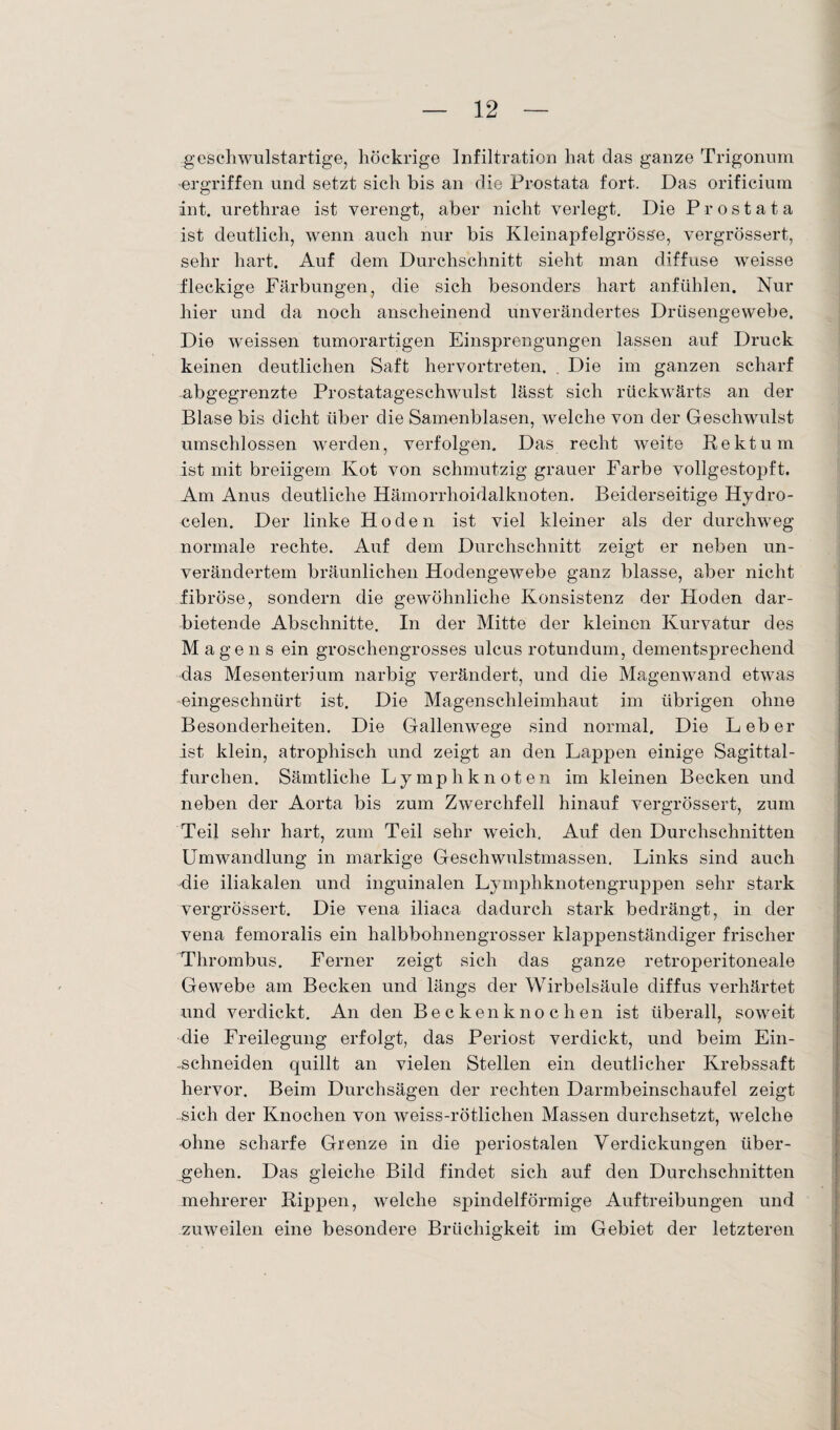 geschwulstartige, höc-krige Infiltration hat das ganze Trigonum ergriffen und setzt sich bis an die Prostata fort. Das orificium int. urethrae ist verengt, aber nicht verlegt. Die Prostata ist deutlich, wenn auch nur bis Kleinapfelgrösse, vergrössert, sehr hart. Auf dem Durchschnitt sieht man diffuse weisse fleckige Färbungen, die sich besonders hart anfühlen. Nur hier und da noch anscheinend unverändertes Drüsengewebe. Die weissen tumorartigen Einsprengungen lassen auf Druck keinen deutlichen Saft hervortreten. . Die im ganzen scharf abgegrenzte Prostatageschwulst lässt sich rückwärts an der Blase bis dicht über die Samenblasen, welche von der Geschwulst umschlossen werden, verfolgen. Das recht weite Rektum ist mit breiigem Kot von schmutzig grauer Farbe vollgestopft. Am Anus deutliche Hämorrhoidalknoten. Beiderseitige Hydro- celen. Der linke Hoden ist viel kleiner als der durchweg normale rechte. Auf dem Durchschnitt zeigt er neben un¬ verändertem bräunlichen Hodengewebe ganz blasse, aber nicht fibröse, sondern die gewöhnliche Konsistenz der Hoden dar¬ bietende Abschnitte. In der Mitte der kleinen Kurvatur des Magens ein groschengrosses ulcus rotundum, dementsprechend das Mesenterium narbig verändert, und die Magenwand etwas eingeschnürt ist. Die Magenschleimhaut im übrigen ohne Besonderheiten. Die Gallenwege sind normal. Die Leber ist klein, atrophisch und zeigt an den Lappen einige Sagittal- furchen. Sämtliche Lymphknoten im kleinen Becken und neben der Aorta bis zum Zwerchfell hinauf vergrössert, zum Teil sehr hart, zum Teil sehr weich. Auf den Durchschnitten Umwandlung in markige Geschwulstmassen. Links sind auch die iliakalen und inguinalen Lymphknotengruppen sehr stark vergrössert. Die vena iliaca dadurch stark bedrängt, in der vena femoralis ein halbbohnengrosser klappenständiger frischer Thrombus. Ferner zeigt sich das ganze retroperitoneale Gewebe am Becken und längs der Wirbelsäule diffus verhärtet und verdickt. An den Beckenknochen ist überall, soweit die Freilegung erfolgt, das Periost verdickt, und beim Ein- -schneiden quillt an vielen Stellen ein deutlicher Krebssaft hervor. Beim Durchsägen der rechten Darmbeinschaufel zeigt sich der Knochen von weiss-rötlichen Massen durchsetzt, welche -ohne scharfe Grenze in die periostalen Verdickungen über¬ gehen. Das gleiche Bild findet sich auf den Durchschnitten mehrerer Rippen, welche spindelförmige Auftreibungen und zuweilen eine besondere Brüchigkeit im Gebiet der letzteren