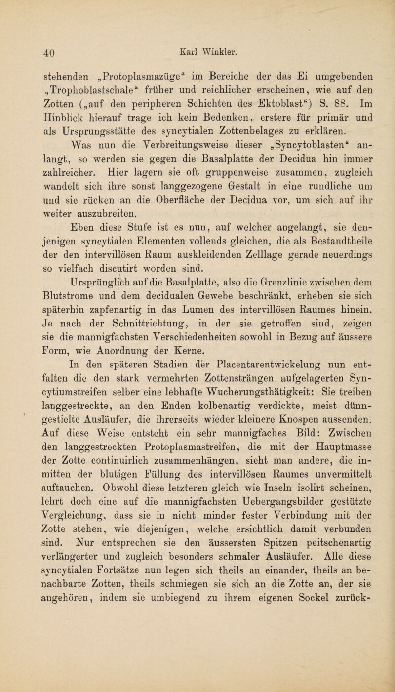 stehenden „Protoplasmazüge“ im Bereiche der das Ei umgebenden „Trophoblastschale“ früher und reichlicher erscheinen, wie auf den Zotten („auf den peripheren Schichten des Ektoblast“) S. 88. Im Hinblick hierauf trage ich kein Bedenken, erstere für primär und als Ursprungsstätte des syncytialen Zottenbelages zu erklären. Was nun die Verbreitungsweise dieser „Syncytoblasten“ an¬ langt, so werden sie gegen die Basalplatte der Decidua hin immer zahlreicher. Hier lagern sie oft gruppenweise zusammen, zugleich wandelt sich ihre sonst langgezogene Gestalt in eine rundliche um und sie rücken an die Oberfläche der Decidua vor, um sich auf ihr weiter auszubreiten. Eben diese Stufe ist es nun, auf welcher angelangt, sie den¬ jenigen syncytialen Elementen vollends gleichen, die als Bestandteile der den intervillösen Raum auskleidenden Zelllage gerade neuerdings so vielfach discutirt worden sind. Ursprünglich auf die Basalplatte, also die Grenzlinie zwischen dem Blutstrome und dem decidualen Gewebe beschränkt, erheben sie sich späterhin zapfenartig in das Lumen des intervillösen Raumes hinein. Je nach der Schnittrichtung, in der sie getroffen sind, zeigen sie die mannigfachsten Verschiedenheiten sowohl in Bezug auf äussere Form, wie Anordnung der Kerne. In den späteren Stadien der Placentarentwickelung nun ent¬ falten die den stark vermehrten Zottensträngen aufgelagerten Syn- cytiumstreifen selber eine lebhafte Wucherungsthätigkeit: Sie treiben langgestreckte, an den Enden kolbenartig verdickte, meist dünn¬ gestielte Ausläufer, die ihrerseits wieder kleinere Knospen aussenden. Auf diese Weise entsteht ein sehr mannigfaches Bild: Zwischen den langgestreckten Protoplasmastreifen, die mit der Hauptmasse der Zotte continuirlich Zusammenhängen, sieht man andere, die in¬ mitten der blutigen Füllung des intervillösen Raumes unvermittelt auftauchen. Obwohl diese letzteren gleich wie Inseln isolirt scheinen, lehrt doch eine auf die mannigfachsten Uebergangsbilder gestützte Vergleichung, dass sie in nicht minder fester Verbindung mit der Zotte stehen, wie diejenigen, welche ersichtlich damit verbunden sind. Nur entsprechen sie den äussersten Spitzen peitschenartig verlängerter und zugleich besonders schmaler Ausläufer. Alle diese syncytialen Fortsätze nun legen sich theils an einander, theils an be¬ nachbarte Zotten, theils schmiegen sie sich an die Zotte an, der sie angehören, indem sie umbiegend zu ihrem eigenen Sockel zurück-