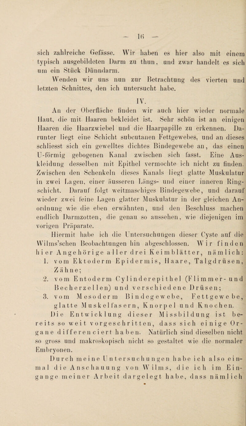 sich zahlreiche Gefässe. Wir haben es hier also mit einem typisch ausgebildeten Darm zu thun, und zwar handelt es sich um ein Stück Dünndarm. Wenden wir uns nun zur Betrachtung des vierten und letzten Schnittes, den ich untersucht habe. IV. An der Oberfläche Anden wir auch hier wieder normale Haut, die mit Haaren bekleidet ist. Sehr schön ist an einigen Haaren die Haarzwiebel und die Haarpapille zu erkennen. Da¬ runter liegt eine Schicht subcutanen Fettgewebes, und an dieses schliesst sich ein gewelltes dichtes Bindegewebe an, das einen U-förmig gebogenen Kanal zwischen sich fasst. Eine Aus¬ kleidung desselben mit Epithel vermochte ich nicht zu finden. Zwischen den Schenkeln dieses Kanals liegt glatte Muskulatur in zwei Lagen, einer äusseren Längs- und einer inneren Ring¬ schicht. Darauf folgt weitmaschiges Bindegewebe, und darauf wieder zwei feine Lagen glatter Muskulatur in der gleichen An¬ ordnung wie die eben erwähnten, und den Beschluss machen endlich Darmzotten, die genau so aussehen, wie diejenigen im vorigen Präparate. Hiermit habe ich die Untersuchungen dieser Cyste auf die Wilms’schen Beobachtungen hin abgeschlossen. Wir finden hier Ange h ö r i g e aller drei Keimblätter, nämlich: 1. vom Ektoderm E p i d e r m i s, Haare, Talgdrüsen, Zähne; 2. v o m E n t o d e r m Cylinderep'ithel (Eli m m e r - und Becher zellen) und verschiedene Drüsen; 3. v o m Mesoderm Bi n d egewebe, F, e 11 g e w e b e , glatte Muskel faser n , Kno r p e 1 und Knochen. Die Entwicklung dieser Missbildung ist be¬ reits so weit vorgeschritten, dass sich einige Or¬ gane d i f f e r e n c i e r t haben. Natürlich sind dieselben nicht so gross und makroskopisch nicht so gestaltet wie die normaler Embryonen. Durch m eine U n t er s u c h u n ge n habe ich also ei n- mal die Anschauung von Wilms, die ich im Ein¬ gänge mei n er Arbeit da rge 1 egt habe, dass nämlich