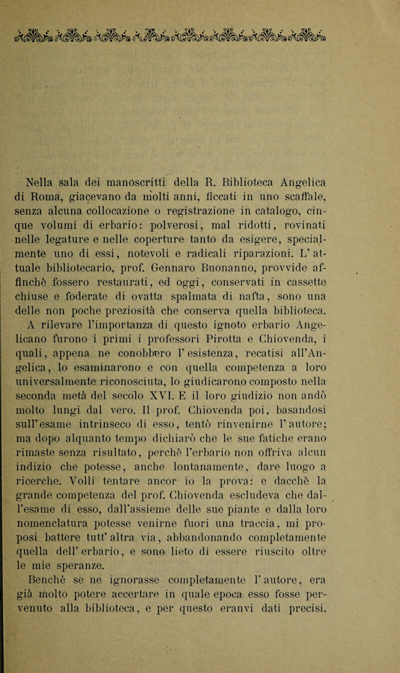 Nella sala dei manoscritti della R. Biblioteca Angelica di Roma, giacevano da molti anni, ficcati in uno scaffale, senza alcuna collocazione o registrazione in catalogo, cin¬ que volumi di erbario: polverosi, mal ridotti, rovinati nelle legature e nelle coperture tanto da esigere, special- mente uno di essi, notevoli e radicali riparazioni. L’ at¬ tuale bibliotecario, prof. Gennaro Buonanno, provvide af¬ finchè fossero restaurati, ed oggi, conservati in cassette chiuse e foderate di ovatta spalmata di nafta, sono una delle non poche preziosità che conserva quella biblioteca. A rilevare l’importanza di questo ignoto erbario Ange- licano furono i primi i professori Pirotta e Chiovenda, i quali, appena ne conobbero resistenza, recatisi all’An¬ gelica, lo esaminarono e con quella competenza a loro universalmente riconosciuta, lo giudicarono composto nella seconda metà del secolo XYI. E il loro giudizio non andò molto lungi dal vero. Il prof. Chiovenda poi, basandosi sull’esame intrinseco di esso, tentò rinvenirne l’autore; ma dopo alquanto tempo dichiarò che le sue fatiche erano rimaste senza risultato, perchè l’erbario non offriva alcun indizio che potesse, anche lontanamente, dare luogo a ricerche. Volli tentare ancor io la prova: e dacché la grande competenza del prof. Chiovenda escludeva che dal¬ l’esame di esso, dall’assieme delle sue piante e dalla loro nomenclatura potesse venirne fuori una traccia, mi pro¬ posi battere tutfi altra via, abbandonando completamente quella dell’erbario, e sono lieto di essere riuscito oltre le mie speranze. Benché se ne ignorasse completamente l’autore, era già molto potere accertare in quale epoca esso fosse per¬ venuto alla biblioteca, e per questo eranvi dati precisi.