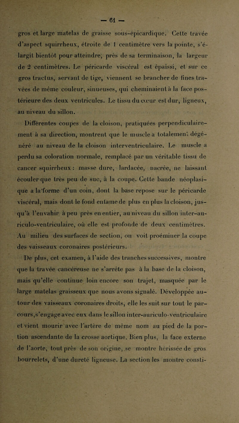 gros et large matelas de graisse sous-épicardique. Cette travée d’aspect squirrheux, étroite de 1 centimètre vers la pointe, s’é¬ largit bientôt pour atteindre, près de sa terminaison, la largeur de 2 centimètres. Le péricarde viscéral est épaissi, et sur ce gros tractus, servant de tige, viennent se brancher de fines tra¬ vées de même couleur, sinueuses, qui cheminaient à la lace pos- ♦ térieure des deux ventricules. Le tissu du cœur est dur, ligneux, au niveau du sillon. Différentes coupes de la cloison, pratiquées perpendiculaire¬ ment à sa direction, montrent que le muscle a totalement dégé¬ néré au niveau de la cloison interventriculaire. Le muscle a perdu sa coloration normale, remplacé par un véritable tissu de cancer squirrheux : masse dure, lardacée, nacrée, 11e laissant écouler que très peu de suc, à la coupe. Cette bande néoplasi¬ que a la’forme d’un coin, dont la base repose sur le péricarde viscéral, mais dont le fond entame de plus en plus la cloison, jus¬ qu’à l’envahir à peu près en entier, au niveau du sillon inter-au- riculo-ventriculaire, où elle est profonde de deux centimètres. Au milieu des surfaces de section, on voit proémiuer la coupe des vaisseaux coronaires postérieurs. De plus, cet examen, à l’aide des tranches successives, montre que la travée cancéreuse ne s’arrête pas à la base de la cloison, mais qu’elle continue loin encore son trajet, masquée par le large matelas graisseux que nous avons signalé. Développée au¬ tour des vaisseaux coronaires droits, elle les suit sur tout le par¬ cours,s’engage avec eux dans le sillon inter-auriculo-ventriculaire et vient mourir avec l'artère de même nom au pied de la por¬ tion ascendante de la crosse aortique. Bien plus, la face externe de l’aorte, tout près de son origine,.se montre hérissée de gros bourrelets, d’une dureté ligneuse. La section les montre consti-