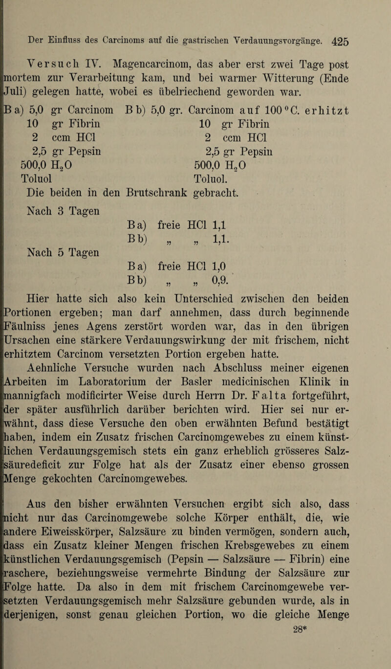 Versucli IV. Magencarcinom, das aber erst zwei Tage post mortem zur Verarbeitung kam, und bei warmer Witterung (Ende Juli) gelegen hatte, wobei es übelriechend geworden war. B a) 5,0 gr Carcinom B b) 5,0 gr. Carcinom auf 100 °C. erhitzt 10 gr Fibrin 10 gr Fibrin 2 ccm HCl 2 ccm HCl 2,5 gr Pepsin 2,5 gr Pepsin 500,0 H20 500,0 HoO Toluol Toluol. Die beiden in den Brutschrank gebracht. Nach 3 Tagen freie HCl 1,1 1,1. Ba) Bb) Nach 5 Tagen B a) Bb) freie HCl 1,0 00 „ „ V,J7. Hier hatte sich also kein Unterschied zwischen den beiden Portionen ergeben; man darf annehmen, dass durch beginnende Fäulniss jenes Agens zerstört worden war, das in den übrigen Ursachen eine stärkere Verdauungswirkung der mit frischem, nicht erhitztem Carcinom versetzten Portion ergeben hatte. Aehnliche Versuche wurden nach Abschluss meiner eigenen Arbeiten im Laboratorium der Basler medicinischen Klinik in mannigfach modificirter W^eise durch Herrn Dr. Falta fortgeführt, der später ausführlich darüber berichten wird. Hier sei nur er¬ wähnt, dass diese Versuche den oben erwähnten Befund bestätigt haben, indem ein Zusatz frischen Carcinomgewebes zu einem künst¬ lichen Verdauungsgemisch stets ein ganz erheblich grösseres Salz¬ säur edeficit zur Folge hat als der Zusatz einer ebenso grossen Menge gekochten Carcinomgewebes. Aus den bisher erwähnten Versuchen ergibt sich also, dass glicht nur das Carcinomgewebe solche Körper enthält, die, wie andere Eiweisskörper, Salzsäure zu binden vermögen, sondern auch, dass ein Zusatz kleiner Mengen frischen Krebsgewebes zu einem künstlichen Verdauungsgemisch (Pepsin — Salzsäure — Fibrin) eine raschere, beziehungsweise vermehrte Bindung der Salzsäure zur Folge hatte. Da also in dem mit frischem Carcinomgewebe ver¬ hetzten Verdauungsgemisch mehr Salzsäure gebunden wurde, als in derjenigen, sonst genau gleichen Portion, wo die gleiche Menge 28*