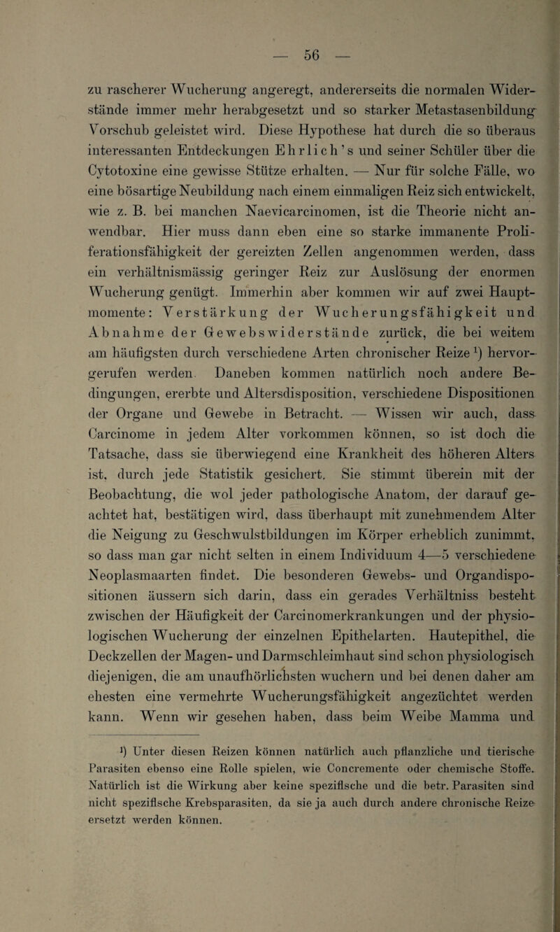 zu rascherer Wucherung angeregt, andererseits die normalen Wider¬ stände immer mehr herabgesetzt und so starker Metastasenbildung Vorschub geleistet wird. Diese Hypothese hat durch die so überaus interessanten Entdeckungen Ehrlich’s und seiner Schüler über die Cytotoxine eine gewisse Stütze erhalten. — Nur für solche Fälle, wo eine bösartige Neubildung nach einem einmaligen Reiz sich entwickelt, wie z. B. bei manchen Naevicarcinomen, ist die Theorie nicht an¬ wendbar. Hier muss dann eben eine so starke immanente Proli¬ ferationsfähigkeit der gereizten Zellen angenommen werden, dass ein verhältnismässig geringer Reiz zur Auslösung der enormen Wucherung genügt. Immerhin aber kommen wir auf zwei Haupt¬ momente: Verstärkung der Wucherungsfähigkeit und Abnahme der Gewebswiderstände zurück, die bei weitem # am häufigsten durch verschiedene Arten chronischer Reize *) hervor¬ gerufen werden. Daneben kommen natürlich noch andere Be¬ dingungen, ererbte und Altersdisposition, verschiedene Dispositionen der Organe und Gewebe in Betracht. — Wissen wir auch, dass Carcinome in jedem Alter Vorkommen können, so ist doch die Tatsache, dass sie überwiegend eine Krankheit des höheren Alters ist, durch jede Statistik gesichert. Sie stimmt überein mit der Beobachtung, die wol jeder pathologische Anatom, der darauf ge¬ achtet hat, bestätigen wird, dass überhaupt mit zunehmendem Alter die Neigung zu Geschwulstbildungen im Körper erheblich zunimmt, so dass man gar nicht selten in einem Individuum 4—5 verschiedene Neoplasmaarten findet. Die besonderen Gewebs- und Organdispo¬ sitionen äussern sich darin, dass ein gerades Verhältnis besteht zwischen der Häufigkeit der Carcinomerkrankungen und der physio¬ logischen Wucherung der einzelnen Epithelarten. Hautepithel, die Deckzellen der Magen- und Darmschleimhaut sind schon physiologisch diejenigen, die am unaufhörlichsten wuchern und bei denen daher am ehesten eine vermehrte Wucherungsfähigkeit angezüchtet werden kann. Wenn wir gesehen haben, dass heim Weibe Mamma und Ö Unter diesen Reizen können natürlich auch pflanzliche und tierische Parasiten ebenso eine Rolle spielen, wie Concremente oder chemische Stoffe. Natürlich ist die Wirkung aber keine spezifische und die betr. Parasiten sind nicht spezifische Krebsparasiten, da sie ja auch durch andere chronische Reiz& ersetzt werden können.