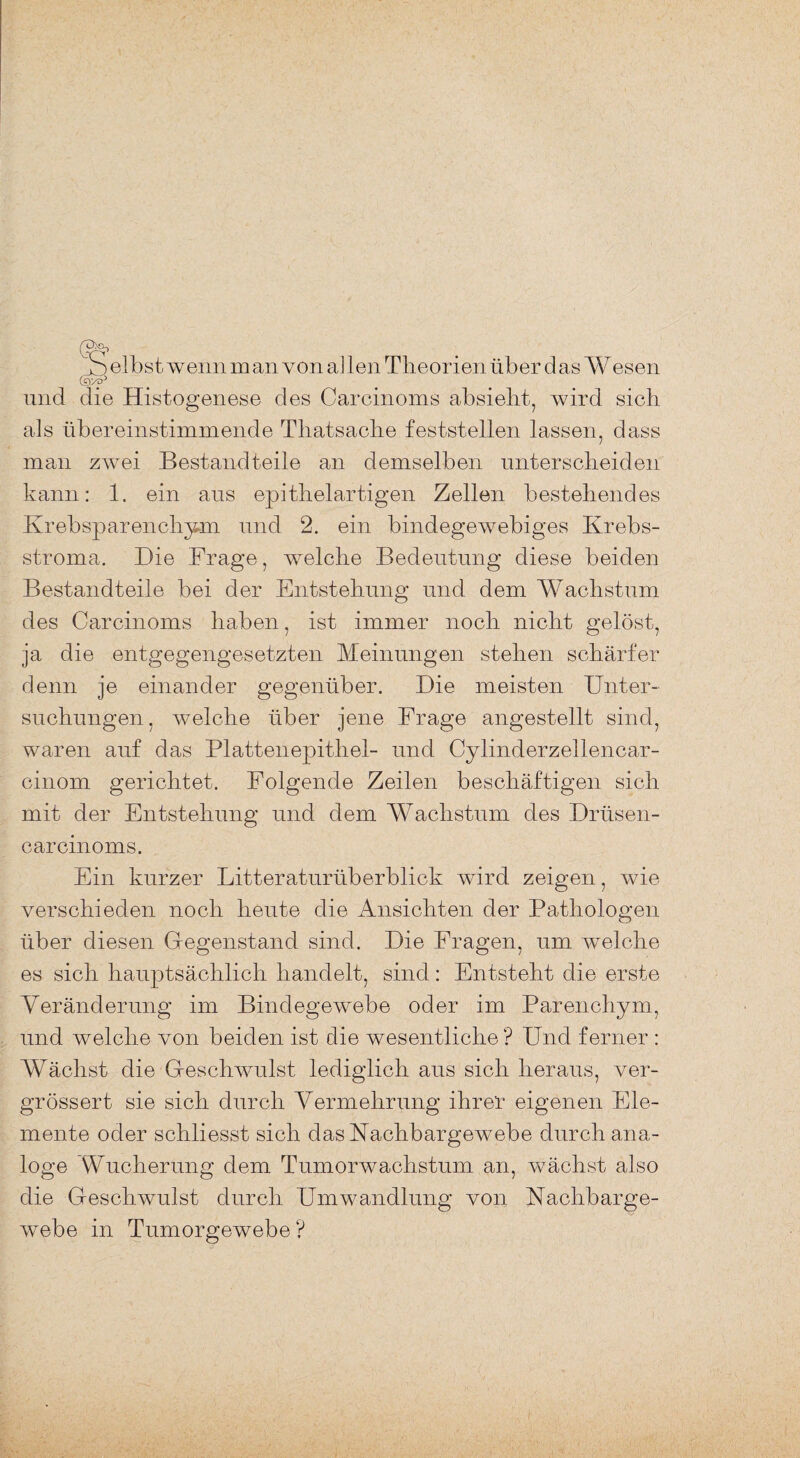 _S elbst wenn m an von a] len Theorien über d as Wesen (oyp und die Histogenese des Carcinoms absieht, wird sich als übereinstimmende Tliatsache feststellen lassen, dass man zwei Bestandteile an demselben unterscheiden kann: 1. ein aus epithelartigen Zellen bestehendes Krebsparenchym und 2. ein bindegewebiges Krebs¬ stroma. Die Frage, welche Bedeutung diese beiden Bestandteile bei der Entstehung und dem Wachstum des Carcinoms haben, ist immer noch nicht gelöst, ja die entgegengesetzten Meinungen stehen schärfer denn je einander gegenüber. Die meisten Unter¬ suchungen, welche über jene Frage angestellt sind, waren auf das Plattenepithel- und Cylinderzellencar- cinom gerichtet. Folgende Zeilen beschäftigen sich mit der Entstehung und dem Wachstum des Drüsen¬ car cinoms. Ein kurzer Litteraturüberblick wird zeigen, wie verschieden noch heute die Ansichten der Pathologen über diesen Gegenstand sind. Die Fragen, um welche es sich hauptsächlich handelt, sind: Entsteht die erste Veränderung im Bindegewebe oder im Parenchym, und welche von beiden ist die wesentliche? Und ferner : Wächst die Geschwulst lediglich aus sich heraus, ver- grössert sie sich durch Vermehrung ihrer eigenen Ele¬ mente oder schliesst sich das Nachbargewebe durch ana¬ loge Wucherung dem Tumorwachstum an, wächst also die Geschwulst durch Umwandlung von Nachbarge¬ webe in Tumorgewebe ?