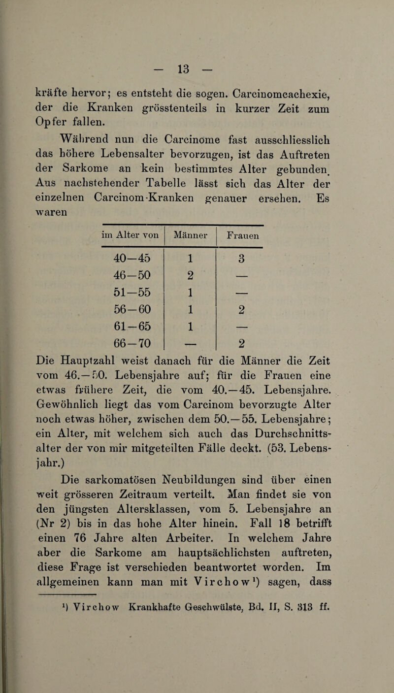 kräfte hervor; es entsteht die sogen. Carcinomcachexie, der die Kranken grösstenteils in kurzer Zeit zum Opfer fallen. Während nun die Carcinome fast ausschliesslich das höhere Lebensalter bevorzugen, ist das Auftreten der Sarkome an kein bestimmtes Alter gebunden. Aus nachstehender Tabelle lässt sich das Alter der einzelnen Carcinom-Kranken genauer ersehen. Es waren im Alter von Männer Frauen 40-45 1 3 46-50 2 — 51-55 1 — 56-60 1 2 61-65 1 — 66-70 — 2 Die Hauptzahl weist danach für die Männer die Zeit vom 46. —f)0. Lebensjahre auf; für die Frauen eine etwas frühere Zeit, die vom 40. —45. Lebensjahre. Gewöhnlich liegt das vom Carcinom bevorzugte Alter noch etwas höher, zwischen dem 50.—55. Lebensjahre; ein Alter, mit welchem sich auch das Durchschnitts¬ alter der von mir mitgeteilten Fälle deckt. (53. Lebens¬ jahr.) Die sarkomatösen Neubildungen sind über einen weit grösseren Zeitraum verteilt. Man findet sie von den jüngsten Altersklassen, vom 5. Lebensjahre an (Nr 2) bis in das hohe Alter hinein. Fall 18 betrifft einen 76 Jahre alten Arbeiter. In welchem Jahre aber die Sarkome am hauptsächlichsten auftreten, diese Frage ist verschieden beantwortet worden. Im allgemeinen kann man mit Virchow1) sagen, dass x) Virchow Krankhafte Geschwülste, Bd. II, S. 313 ff.