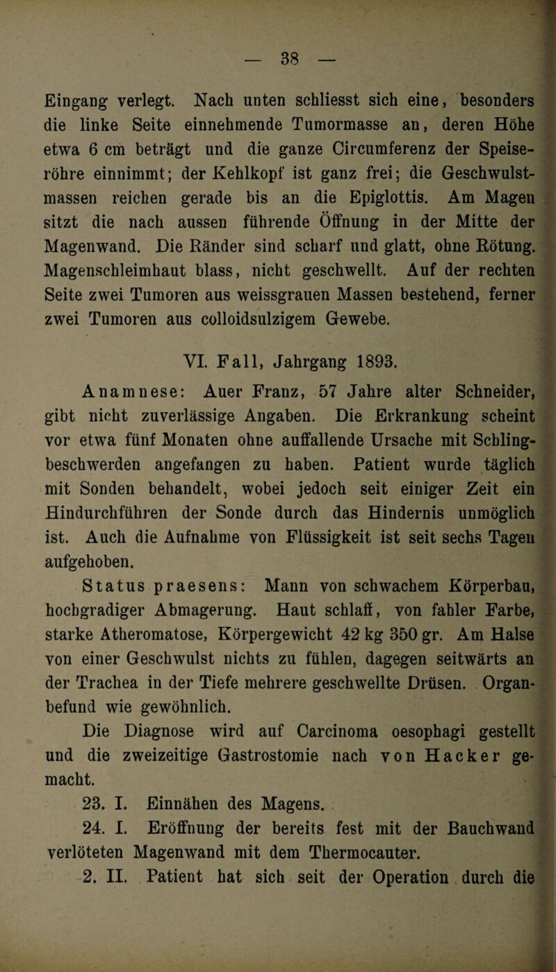 Eingang verlegt. Nach unten schliesst sich eine, besonders die linke Seite einnehmende Tumormasse an, deren Höhe etwa 6 cm beträgt und die ganze Circumferenz der Speise¬ röhre einnimmt; der Kehlkopf ist ganz frei; die Geschwulst¬ massen reichen gerade bis an die Epiglottis. Am Magen sitzt die nach aussen führende Öffnung in der Mitte der Magenwand. Die Ränder sind scharf und glatt, ohne Rötung. Magenschleimhaut blass, nicht geschwellt. Auf der rechten Seite zwei Tumoren aus weissgrauen Massen bestehend, ferner zwei Tumoren aus colloidsulzigem Gewebe. VI. Fall, Jahrgang 1893. J Anamnese: Auer Franz, 57 Jahre alter Schneider, gibt nicht zuverlässige Angaben. Die Erkrankung scheint vor etwa fünf Monaten ohne auffallende Ursache mit Schling¬ beschwerden angefangen zu haben. Patient wurde täglich mit Sonden behandelt, wobei jedoch seit einiger Zeit ein Hindurchführen der Sonde durch das Hindernis unmöglich ist. Auch die Aufnahme von Flüssigkeit ist seit sechs Tagen aufgehoben. Status praesens: Mann von schwachem Körperbau, hochgradiger Abmagerung. Haut schlaff, von fahler Farbe, starke Atheromatose, Körpergewicht 42 kg 350 gr. Am Halse von einer Geschwulst nichts zu fühlen, dagegen seitwärts an der Trachea in der Tiefe mehrere geschwellte Drüsen. Organ¬ befund wie gewöhnlich. Die Diagnose wird auf Carcinoma oesophagi gestellt und die zweizeitige Gastrostomie nach von Hacker ge¬ macht. 23. I. Einnähen des Magens. : 24. I. Eröffnung der bereits fest mit der Bauchwand verlöteten Magenwand mit dem Thermocauter. 2. II. Patient hat sich seit der Operation durch die