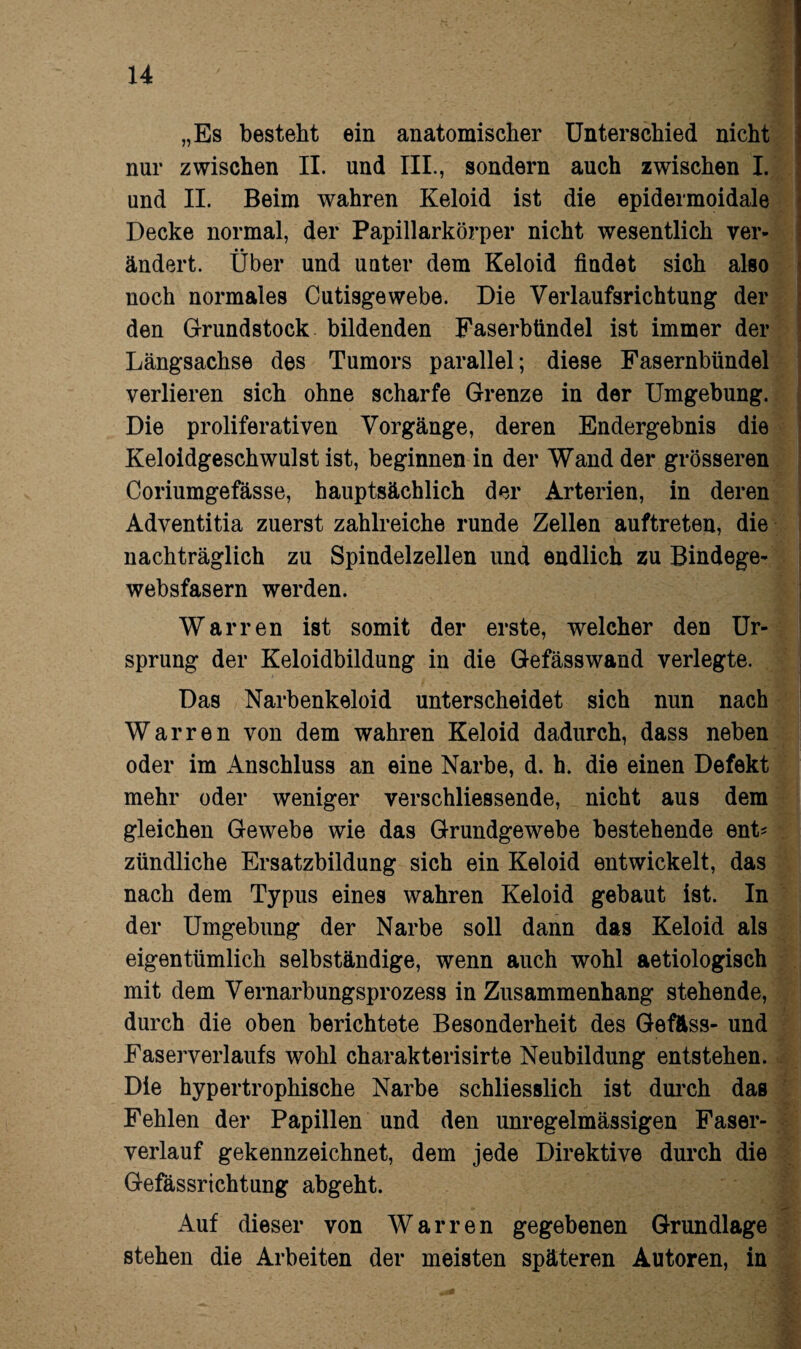 „Es besteht ein anatomischer Unterschied nicht nur zwischen II. und III., sondern auch zwischen I. und II. Beim wahren Keloid ist die epidermoidale Decke normal, der Papillarkörper nicht wesentlich ver¬ ändert. Über und unter dem Keloid findet sich also noch normales Cutisgewebe. Die Verlaufsrichtung der den Grundstock bildenden Faserbtindel ist immer der Längsachse des Tumors parallel; diese Fasernbündel verlieren sich ohne scharfe Grenze in der Umgebung. Die proliferativen Vorgänge, deren Endergebnis die Keloidgeschwulst ist, beginnen in der Wand der grösseren Coriumgefässe, hauptsächlich der Arterien, in deren Adventitia zuerst zahlreiche runde Zellen auftreten, die nachträglich zu Spindelzellen und endlich zu Bindege¬ websfasern werden. Warren ist somit der erste, welcher den Ur¬ sprung der Keloidbildung in die Gefässwand verlegte. Das Narbenkeloid unterscheidet sich nun nach Warren von dem wahren Keloid dadurch, dass neben oder im Anschluss an eine Narbe, d. h. die einen Defekt mehr oder weniger verschliessende, nicht aus dem gleichen Gewebe wie das Grundgewebe bestehende ent* zündliche Ersatzbildung sich ein Keloid entwickelt, das nach dem Typus eines wahren Keloid gebaut ist. In der Umgebung der Narbe soll dann das Keloid als eigentümlich selbständige, wenn auch wohl aetiologisch mit dem Vernarbungsprozess in Zusammenhang stehende, durch die oben berichtete Besonderheit des Gefäss- und Faserverlaufs wohl charakterisirte Neubildung entstehen. Die hypertrophische Narbe schliesslich ist durch das Fehlen der Papillen und den unregelmässigen Faser¬ verlauf gekennzeichnet, dem jede Direktive durch die Gefässrichtung abgeht. Auf dieser von Warren gegebenen Grundlage stehen die Arbeiten der meisten späteren Autoren, in