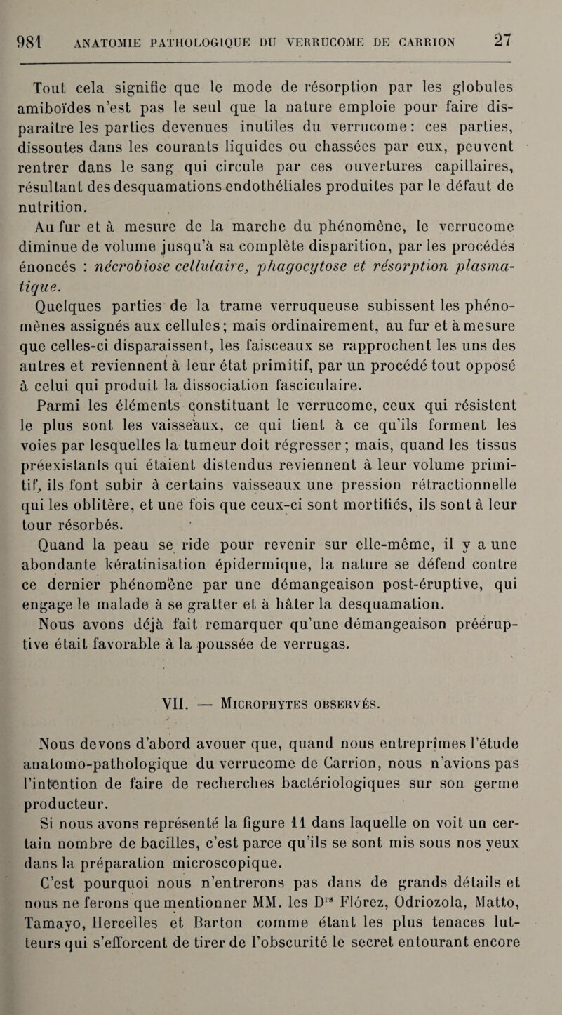 Tout cela signifie que le mode de résorption par les globules amiboïdes n’est pas le seul que la nature emploie pour faire dis¬ paraître les parties devenues inutiles du verrucome: ces parties, dissoutes dans les courants liquides ou chassées par eux, peuvent rentrer dans le sang qui circule par ces ouvertures capillaires, résultant des desquamations endothéliales produites par le défaut de nutrition. Au fur et à mesure de la marche du phénomène, le verrucome diminue de volume jusqu’à sa complète disparition, par les procédés énoncés : nécrobiose cellulaire, phagocytose et résorption plasma¬ tique. Quelques parties de la trame verruqueuse subissent les phéno¬ mènes assignés aux cellules ; mais ordinairement, au fur et à mesure que celles-ci disparaissent, les faisceaux se rapprochent les uns des autres et reviennent à leur état primitif, par un procédé tout opposé à celui qui produit la dissociation fasciculaire. Parmi les éléments constituant le verrucome, ceux qui résistent le plus sont les vaisseaux, ce qui tient à ce qu’ils forment les voies par lesquelles la tumeur doit régresser ; mais, quand les tissus préexistants qui étaient distendus reviennent à leur volume primi¬ tif, ils font subir à certains vaisseaux une pression rétractionnelle qui les oblitère, et une fois que ceux-ci sont mortifiés, ils sont à leur tour résorbés. Quand la peau se ride pour revenir sur elle-même, il y a une abondante kératinisation épidermique, la nature se défend contre ce dernier phénomène par une démangeaison post-éruptive, qui engage le malade à se gratter et à hâter la desquamation. Nous avons déjà fait remarquer qu’une démangeaison préérup¬ tive était favorable à la poussée de verrugas. VII. — MlCROPHYTES OBSERVÉS. Nous devons d’abord avouer que, quand nous entreprîmes l’étude anatomo-pathologique du verrucome de Carrion, nous n’avions pas l’intention de faire de recherches bactériologiques sur son germe producteur. Si nous avons représenté la figure 11 dans laquelle on voit un cer¬ tain nombre de bacilles, c’est parce qu’ils se sont mis sous nos yeux dans la préparation microscopique. C’est pourquoi nous n’entrerons pas dans de grands détails et nous ne ferons que mentionner MM. les Dr9 Flôrez, Odriozola, Matto, Tamayo, Herceiles et Barton comme étant les plus tenaces lut¬ teurs qui s’efforcent de tirer de l’obscurité le secret entourant encore