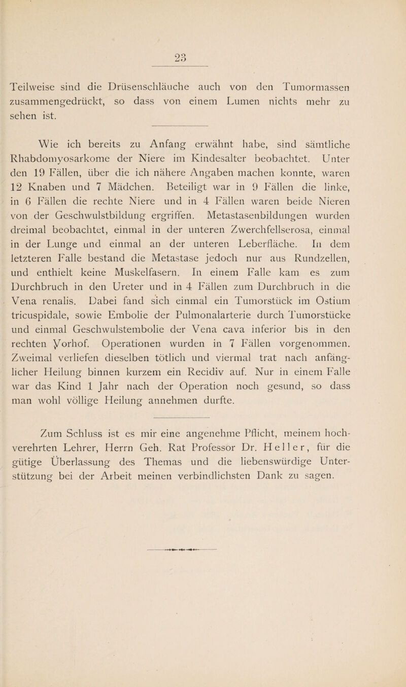 Teilweise sind die Drüsenschläuche auch von den Tumormassen zusammengedrückt, so dass von einem Lumen nichts mehr zu sehen ist. Wie ich bereits zu Anfang erwähnt habe, sind sämtliche Rhabdomyosarkome der Niere im Kindesalter beobachtet. Unter den 19 Fällen, über die ich nähere Angaben machen konnte, waren 12 Knaben und 7 Mädchen. Beteiligt war in 9 Fällen die linke, in 6 Fällen die rechte Niere und in 4 Fällen waren beide Nieren von der Geschwulstbildung ergriffen. Metastasenbildungen wurden dreimal beobachtet, einmal in der unteren Zwerchfellserosa, einmal in der Lunge und einmal an der unteren Leberfläche. In dem letzteren Falle bestand die Metastase jedoch nur aus Rundzellen, und enthielt keine Muskelfasern. In einem Falle kam es zum Durchbruch in den Ureter und in 4 Fällen zum Durchbruch in die Vena renalis. Dabei fand sich einmal ein Tumorstück im Ostium tricuspidale, sowie Embolie der Pulmonalarterie durch Tumorstücke und einmal Geschwulstembolie der Vena cava inferior bis in den rechten yorhof. Operationen wurden in 7 Fällen vorgenommen. Zweimal verliefen dieselben tötlich und viermal trat nach anfäng¬ licher Heilung binnen kurzem ein Recidiv auf. Nur in einem F'alle war das Kind 1 Jahr nach der Operation noch gesund, so dass man wohl völlige Pleilung annehmen durfte. Zum Schluss ist es mir eine angenehme Pflicht, meinem hoch¬ verehrten Lehrer, Herrn Geh. Rat Professor Dr. Heller, für die gütige Überlassung des Themas und die liebenswürdige Unter¬ stützung bei der Arbeit meinen verbindlichsten Dank zu sagen.