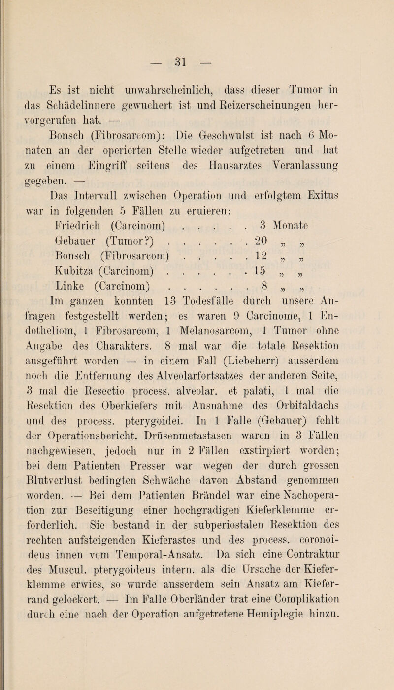 Es ist nicht unwahrscheinlich, dass dieser Tumor in das Schädelinnere gewuchert ist und Reizerscheinungen her¬ vorgerufen hat. — Bonsch (Fihrosarcom): Die Geschwulst ist nach 6 Mo¬ naten an der operierten Stelle wieder aufgetreten und hat zu einem Eingriff seitens des Hausarztes Veranlassung gegeben. — Das Intervall zwischen Operation und erfolgtem Exitus war in folgenden 5 Fällen zu eruieren: Friedrich (Carcinom).3 Monate Gebauer (Tumor?).20 „ „ Bonsch (Fihrosarcom).12 „ „ Kubitza (Carcinom).15 „ „ Finke (Carcinom).8 „ „ Im ganzen konnten 13 Todesfälle durch unsere An¬ fragen festgestellt werden; es waren 9 Carcinome, 1 En- dotheliom, 1 Fihrosarcom, 1 Melanosarcom, 1 Tumor ohne Angabe des Charakters. 8 mal war die totale Resektion ausgeführt worden — in einem Fall (Liebeherr) ausserdem noch die Entfernung des Alveolarfortsatzes der anderen Seite, 3 mal die Resectio process. alveolar, et palati, 1 mal die Resektion des Oberkiefers mit Ausnahme des Orbitaldachs und des process. pterygoidei. In 1 Falle (Gebauer) fehlt der Operationsbericht. Drüsenmetastasen waren in 3 Fällen nachgewiesen, jedoch nur in 2 Fällen exstirpiert worden; bei dem Patienten Presser war wegen der durch grossen Blutverlust bedingten Schwäche davon Abstand genommen worden. — Bei dem Patienten Brändel war eine Nachopera¬ tion zur Beseitigung einer hochgradigen Kieferklemme er¬ forderlich. Sie bestand in der subperiostalen Resektion des rechten aufsteigenden Kieferastes und des process. coronoi- deus innen vom Temporal-Ansatz. Da sich eine Contraktur des Muscul. pterygoideus intern, als die Ursache der Kiefer¬ klemme erwies, so wurde ausserdem sein Ansatz am Kiefer¬ rand gelockert. — Im Falle Oberländer trat eine Complikation durch eine nach der Operation aufgetretene Hemiplegie hinzu.