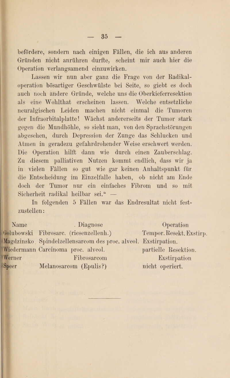 befördere, sondern nach einigen Fällen, die ich ans anderen Gründen nicht anrühren durfte, scheint mir auch hier die Operation verlangsamend einzuwirken. Lassen wir nun aber ganz die Frage von der Radikal¬ operation bösartiger Geschwülste bei Seite, so giebt es doch auch noch ändere Gründe, welche uns die Oberkieferresektion als eine Wohlthat erscheinen lassen. Welche entsetzliche neuralgischen Leiden machen nicht einmal die Tumoren der Infraorbitalplatte! Wächst andererseits der Tumor stark gegen die Mundhöhle, so sieht man, von den Sprachstörungen abgesehen, durch Depression der Zunge das Schlucken und Atmen in geradezu gefahrdrohender Weise erschwert werden. Die Operation hilft dann wie durch einen Zauberschlag. Zu diesem palliativen Nutzen kommt endlich, dass wir ja in vielen Fällen so gut wie gar keinen Anhaltspunkt für die Entscheidung im Einzelfalle haben, ob nicht am Ende doch der Tumor nur ein einfaches Fibrom und so mit Sicherheit radikal heilbar sei.“ — In folgenden 5 Fällen war das Endresultat nicht fest¬ zustellen : Name . Diagnose Operation Grolubowski Fibrosarc. (riesenzellenh.) Tempor. Resekt. Exstirp. IMpgdzinsko Spindelzellensarcom des proc. alveol. Exstirpation. iWiedermann Carcinoma proc. alveol. partielle Resektion. Werner Fibrosarcom Exstirpation Speer Melanosarcom (Epulis?) nicht operiert.