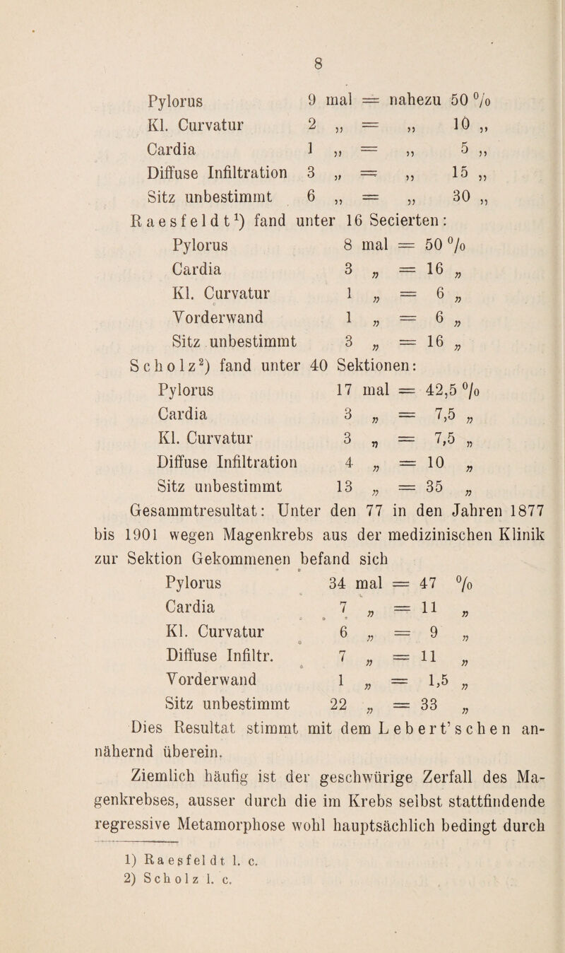 Pylorus 9 mal nahezu 50 % KL Curvatur 2 5? — n 10 „ Cardia 1 — n ^ n Diffuse Infiltration 3 •)t —^ n 1^ 5? Sitz unbestimmt 6 5? 5? ^0 ,, aesfeldt^) fand unter 16 Secierten: Pylorus 8 mal = 50/o Cardia 3 ;; = 16 . Kl. Curvatur 1 ;; = 6 „ Yorderwand 1 ;; = 6 „ Sitz unbestimmt 3 T) = 16 , cho Iz^) fand unter 40 Sektionen: Pylorus 17 mal = 42,5 «/o Cardia 3 n = 7,5 „ Kl. Curvatur 3 Ti = 7,5 „ Diffuse Infiltration 4 n = 10 , Sitz unbestimmt 13 n = 35 , esammtresultat: Unter den 77 in den Jahre bis 1901 wegen Magenkrebs aus der medizinischen Klinik zur Sektion Gekommenen befand sich Pylorus Cardia Kl. Curvatur Diö'use Infiltr. Yorderwand Sitz unbestimmt 34 mal = 47 7o 7 6 7 1 22 n 11 9 11 G5 33 n Dies Resultat stimmt mit dem L e b e r t’s c h e n an¬ nähernd überein. Ziemlich häufig ist der geschwürige Zerfall des Ma¬ genkrebses, ausser durch die im Krebs selbst stattfindende regressive Metamorphose wohl hauptsächlich bedingt durch 1) Ra es f el d t 1. c. 2) Scholz 1. c.