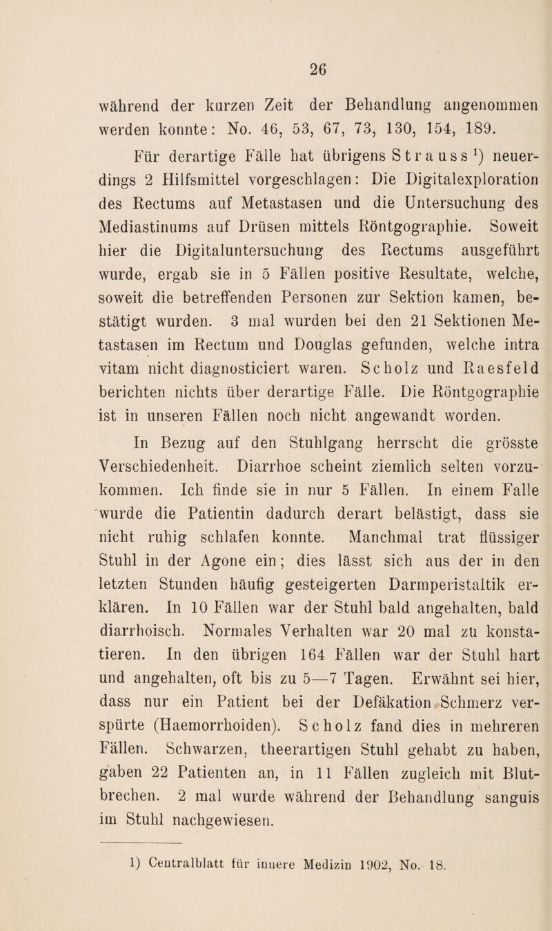 während der kurzen Zeit der Behandlung angenommen werden konnte: No. 46, 53, 67, 73, 130, 154, 189. Für derartige Fälle hat übrigens S t r a u s s neuer¬ dings 2 Hilfsmittel vorgeschlagen: Die Digitalexploration des Rectums auf Metastasen und die Untersuchung des Mediastinums auf Drüsen mittels Röntgographie. Soweit hier die Digitaluntersuchung des Rectums ausgeführt wurde, ergab sie in 5 Fällen positive Resultate, welche, soweit die betreffenden Personen zur Sektion kamen, be¬ stätigt wurden. 3 mal wurden bei den 21 Sektionen Me¬ tastasen im Rectum und Douglas gefunden, welche intra vitam nicht diagnosticiert waren. Scholz und Raesfeld berichten nichts über derartige Fälle. Die Röntgographie ist in unseren Fällen noch nicht angewandt worden. In Bezug auf den Stuhlgang herrscht die grösste Verschiedenheit. Diarrhoe scheint ziemlich selten vorzu¬ kommen. Ich finde sie in nur 5 Fällen. In einem Falle 'wurde die Patientin dadurch derart belästigt, dass sie nicht ruhig schlafen konnte. Manchmal trat flüssiger Stuhl in der Agone ein; dies lässt sich aus der in den letzten Stunden häufig gesteigerten Darmperistaltik er¬ klären. In 10 Fällen war der Stuhl bald angehalten, bald diarrhoisch. Normales Verhalten war 20 mal zü konsta¬ tieren. In den übrigen 164 Fällen war der Stuhl hart und angehalten, oft bis zu 5—7 Tagen. Erwähnt sei hier, dass nur ein Patient bei der Defäkation Schmerz ver¬ spürte (Haemorrhoiden). Scholz fand dies in mehreren Fällen. Schwarzen, theerartigen Stuhl gehabt zu haben, gaben 22 Patienten an, in 11 Fällen zugleich mit Blut¬ brechen. 2 mal wurde während der Behandlung sanguis im Stuhl nachgewiesen.