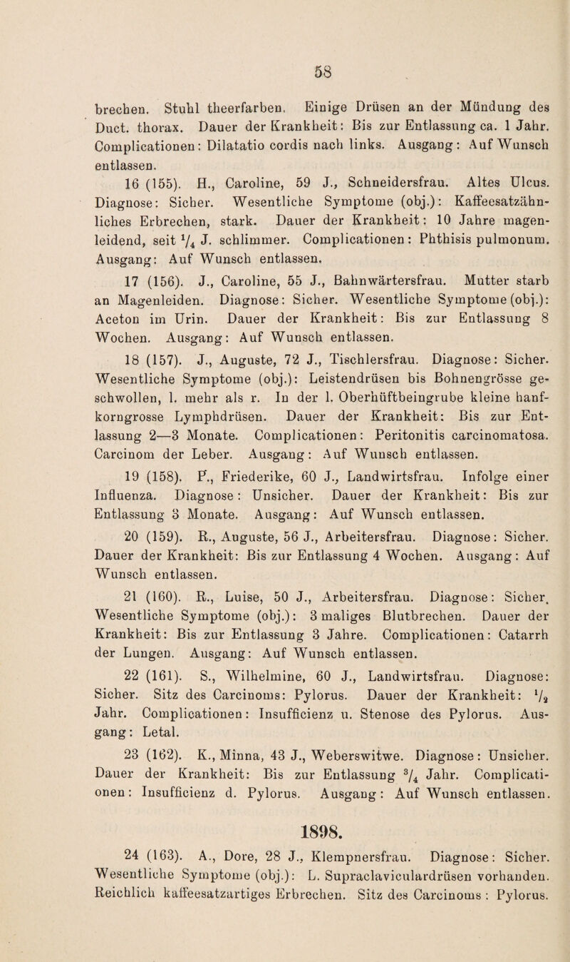 brechen. Stuhl theerfarben, Einige Drüsen an der Mündung des Duct. thorax. Dauer der Krankheit: Bis zur Entlassung ca. 1 Jahr. Complicationen: Dilatatio cordis nach links. Ausgang; Auf Wunsch entlassen. 16 (155). H., Caroline, 59 J., Schneidersfrau. Altes Ulcus. Diagnose: Sicher. Wesentliche Symptome (obj.); Kaffeesatzähn- liches Erbrechen, stark. Dauer der Krankheit: 10 Jahre magen¬ leidend, seit V4 J- schlimmer. Complicationen: Phthisis pulmonum. Ausgang: Auf Wunsch entlassen. 17 (156). J., Caroline, 55 J., Bahnwärtersfrau. Mutter starb an Magenleiden. Diagnose: Sicher. Wesentliche Symptome (ob).): Aceton im Urin. Dauer der Krankheit: Bis zur Entlassung 8 Wochen. Ausgang: Auf Wunsch entlassen. 18 (157). J., Auguste, 72 J., Tischlersfrau. Diagnose: Sicher. Wesentliche Symptome (obj.): Leistendrüsen bis Bohnengrösse ge¬ schwollen, 1. mehr als r. In der 1. Oberhüftbeingrube kleine hanf¬ korngrosse Lymphdrüsen. Dauer der Krankheit; Bis zur Ent¬ lassung 2—3 Monate. Complicationen : Peritonitis carcinomatosa. Carcinom der Leber. Ausgang: Auf Wunsch entlassen. 19 (158). P’., Friederike, 60 J., Landwirtsfrau. Infolge einer Influenza. Diagnose: Unsicher. Dauer der Krankheit: Bis zur Entlassung 0 Monate. Ausgang: Auf Wunsch entlassen. 20 (159). R., Auguste, 56 J., Arbeitersfrau. Diagnose; Sicher. Dauer der Krankheit; Bis zur Entlassung 4 Wochen. Ausgang: Auf Wunsch entlassen. 21 (160). ß., Luise, 50 J., Arbeitersfrau. Diagnose: Sicher. Wesentliche Symptome (obj.): 3 maliges Blutbrechen. Dauer der Krankheit: Bis zur Entlassung 3 Jahre. Complicationen; Catarrh der Lungen. Ausgang: Auf Wunsch entlassen. 22 (161). S., Wilhelmine, 60 J., Landwirtsfrau. Diagnose; Sicher. Sitz des Carcinoms; Pylorus. Dauer der Krankheit: V2 Jahr. Complicationen: Insufficienz u. Stenose des Pylorus. Aus¬ gang : Letal. 23 (162). K., Minna, 43 J., Weberswitwe. Diagnose: Unsicher. Dauer der Krankheit: Bis zur Entlassung Jahr. Complicati¬ onen: Insufficienz d. Pylorus. Ausgang: Auf Wunsch entlassen. 1898. 24 (163). A., Dore, 28 J., Klerapnersfrau. Diagnose: Sicher. Wesentliche Symptome (obj.): L. Supraclaviculardrüsen vorhanden. Reichlich kaffeesatzartiges Erbrechen. Sitz des Carcinoms : Pylorus.