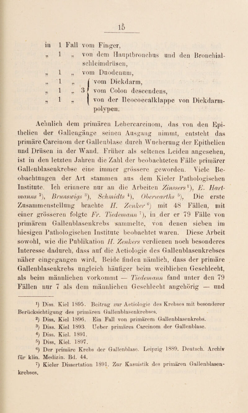 in n n n n n 1 Fall vom Finger, 1 „ von dem Hauptbronchus und den Bronchial¬ schleimdrüsen, 1 „ vom Duodenum, 1 „ [ vom Dickdarm, 1 „ 3 / vom Colon descendens, 1 „ | von der Ileocoecalklappe von Dickdarm¬ polypen. Aehnlich dem primären Lebercarcinom, das von den Epi- thelien der Gallengänge seinen Ausgang nimmt, entsteht das primäre Careinom der Gallenblase durch Wucherung der Epithelien und Drüsen in der Wand. Früher als seltenes Leiden angesehen, ist in den letzten Jahren die Zahl der beobachteten Fälle primärer Gallenblasenkrebse eine immer grössere geworden. Viele Be¬ obachtungen der Art stammen aus dem Kieler Pathologischen Institute. Ich erinnere nur an die Arbeiten Zinssers1), E. Hart¬ manns 2), Brunswigs 3), Schmidts 4), Oberivarths 5), Die erste Zusammenstellung brachte H. Zenker6) mit 48 Fällen, mit einer grösseren folgte Fr. Tiedemann 7), in der er 79 Fälle von primärem Gallenblasenkrebs sammelte, von denen sieben im hiesigen Pathologischen Institute beobachtet waren. Diese Arbeit sowohl, wie die Publikation Ff. Zenkers verdienen noch besonderes Interesse dadurch, dass auf die Aetiologie des Gallenblasenkrebses näher eingegangen wird. Beide finden nämlich, dass der primäre Gallenblasenkrebs ungleich häufiger beim weiblichen Geschlecht, als beim männlichen vorkommt — Tiedemann fand unter den 79 Fällen nur 7 als dem männlichen Geschlecht angehörig — und 9 Diss. Kiel 1895. Beitrag zur Aetiologie des Krebses mit besonderer Berücksichtigung des primären Gallenblasenkrebses. 2) Diss. Kiel 1896. Ein Fall von primärem Gallenblasenkrebs. 3) Diss. Kiel 1893. Ueber primäres Carcinom der Gallenblase. 4) Diss. Kiel. 1891. 5) Diss. Kiel. 1897. 6) Der primäre Krebs der Gallen blase. Leipzig 1889. Deutsch. Archiv für klin. Medizin. Bd. 44. 7) Kieler Dissertation 1891. Zur Kasuistik des primären Gallenblasen¬ krebses.