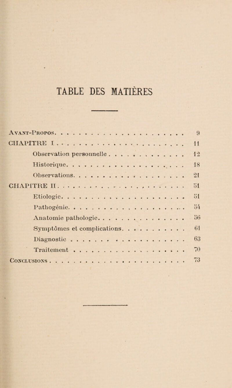 TABLE DES MATIÈRES Avant-Propos. 9 CHAPITRE I . . . ,. 11 Observation personnelle .. 12 Historique. .. 18 Observations.*. 21 CHAPITRE Il. .. 51 Etiologie.*.. 51 Pathogénie. 54 Anatomie pathologie. 55 Symptômes et complications. . *. 61 Diagnostic. 63 Traitement. 70 Conclusions. 73