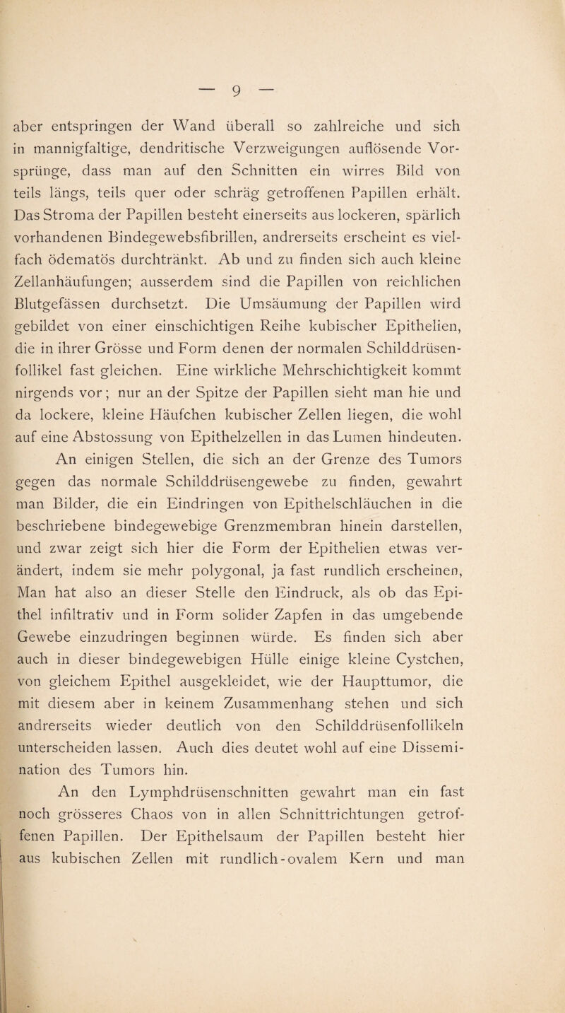 aber entspringen der Wand überall so zahlreiche und sich in mannigfaltige, dendritische Verzweigungen auflösende Vor¬ sprünge, dass man auf den Schnitten ein wirres Bild von teils längs, teils quer oder schräg getroffenen Papillen erhält. Das Stroma der Papillen besteht einerseits aus lockeren, spärlich vorhandenen Bindegewebsfibrillen, andrerseits erscheint es viel¬ fach ödematös durchtränkt. Ab und zu finden sich auch kleine Zellanhäufungen; ausserdem sind die Papillen von reichlichen Blutgefässen durchsetzt. Die Umsäumung der Papillen wird gebildet von einer einschichtigen Reihe kubischer Epithelien, die in ihrer Grösse und Form denen der normalen Schilddrüsen¬ follikel fast gleichen. Eine wirkliche Mehrschichtigkeit kommt nirgends vor; nur an der Spitze der Papillen sieht man hie und da lockere, kleine Häufchen kubischer Zellen liegen, die wohl auf eine Abstossung von Epithelzellen in das Lumen hindeuten. An einigen Stellen, die sich an der Grenze des Tumors gegen das normale Schilddrüsengewebe zu finden, gewahrt man Bilder, die ein Eindringen von Epithelschläuchen in die beschriebene bindegewebige Grenzmembran hinein darstellen, und zwar zeigt sich hier die Form der Epithelien etwas ver¬ ändert, indem sie mehr polygonal, ja fast rundlich erscheinen, Man hat also an dieser Stelle den Eindruck, als ob das Epi¬ thel infiltrativ und in Form solider Zapfen in das umgebende Gewebe einzudringen beginnen würde. Es finden sich aber auch in dieser bindegewebigen Hülle einige kleine Cystchen, von gleichem Epithel ausgekleidet, wie der Haupttumor, die mit diesem aber in keinem Zusammenhang stehen und sich andrerseits wieder deutlich von den Schilddrüsenfollikeln unterscheiden lassen. Auch dies deutet wohl auf eine Dissemi¬ nation des Tumors hin. An den Lymphdriisenschnitten gewahrt man ein fast noch grösseres Chaos von in allen Schnittrichtungen getrof¬ fenen Papillen. Der Epithelsaum der Papillen besteht hier aus kubischen Zellen mit rundlich-ovalem Kern und man