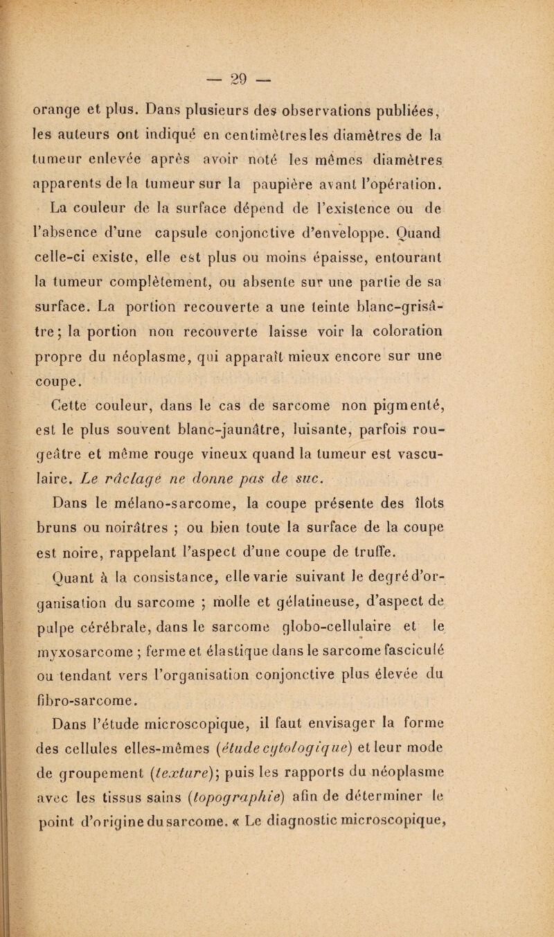 orange et plus. Dans plusieurs des observations publiées, les auteurs ont indiqué en centimètresles diamètres de la tumeur enlevée après avoir noté les mêmes diamètres apparents de la tumeur sur la paupière avant l’opération. La couleur de la surface dépend de l’existence ou de l’absence d’une capsule conjonctive d’enveloppe. Quand celle-ci existe, elle est plus ou moins épaisse, entourant la tumeur complètement, ou absente sur une partie de sa surface. La portion recouverte a une teinte blanc-grisâ¬ tre ; la portion non recouverte laisse voir la coloration propre du néoplasme, qui apparaît mieux encore sur une coupe. Cette couleur, dans le cas de sarcome non pigmenté, est le plus souvent blanc-jaunâtre, luisante, parfois rou¬ geâtre et même rouge vineux quand la tumeur est vascu¬ laire. Le raclage ne donne pas de suc. Dans le mélano-sarcome, la coupe présente des îlots bruns ou noirâtres ; ou bien toute la surface de la coupe est noire, rappelant l’aspect d’une coupe de truffe. Quant à la consistance, elle varie suivant le degré d’or¬ ganisation du sarcome ; molle et gélatineuse, d’aspect de pulpe cérébrale, dans le sarcome globo-cellulaire et le myxosarcoine ; ferme et élastique dans le sarcome fasciculé ou tendant vers l’organisation conjonctive plus élevée du fibro-sarcome. Dans l’étude microscopique, il faut envisager la forme des cellules elles-mêmes [étude cytologique) et leur mode de groupement (texture); puis les rapports du néoplasme avec les tissus sains (topographie) afin de déterminer le point d’origine dusarcome, « Le diagnostic microscopique.