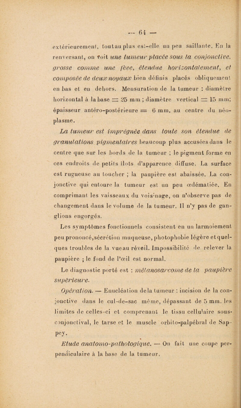 extérieurement, toutau plus est-elle un peu saillante. En la renversant, on voit une tumeur placée sous la conjonctive, grosse comme une fève, étendue horizontalement, et composée de deux noyaux bien définis placés obliquement en bas et en dehors. Mensuration de la tumeur : diamètre horizontal à la base zz 25 mm ; diamètre vertical zz 15 mm; épaisseur antéro-postérieure = 6 mm. au centre du néo- ? plasme. La tumeur est imprégnée dans toute son étendue de granulations pigmentaires beaucoup plus accusées dans le centre que sur les bords de la tumeur ; le pigment forme en ces endroits de petits îlots d’apparence diffuse. La surface est rugueuse au toucher ; la paupière est abaissée. La con¬ jonctive qui entoure la tumeur est un peu œdématiée. En comprimant les vaisseaux du vois:nage, on n’observe pas de changement dans le volume de la tumeur. Il n’y pas de gan¬ glions engorgés. Les symptômes fonctionnels consistent en un larmoiement peu prononcé,sécrétion muqueuse, photophobie légère et quel¬ ques troubles de la vueau réveil. Impossibilité fie relever la paupière ; le fond de l’œil est normal. Le diagnostic porté est : mêlanosarcome de la paupière supérieure. Opération. — Enucléation delà tumeur : incision de la con¬ jonctive dans le cul-de-sac même, dépassant de 5 mm. les limites de celles-ci et comprenant le tissu cellulaire sous- conjonctival, le tarse et le muscle orbito-palpébral de Sap - Pey- Etude anatomo-pathologique. — On fait une coupe per¬ pendiculaire à la base de la tumeur.