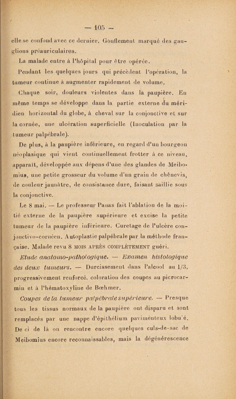 elle se confond avec ce dernier. Gonflement marqué des gan- gdions préauriculaires. La malade entre à l’hôpital pour être opérée. Pendant les quelques jours qui précèdent l'opération* la tumeur continue à augmenter rapidement de volume. Chaque soir, douleurs violentes dans là paupière. En même temps se développe dans la partie externe du méri¬ dien horizontal du globe, à cheval sur la conjonctive et sur la cornée, une ulcération superficielle (Inoculation par la tumeur palpébrale). De plus, à la paupière inférieure, en regard d’un bourgeon néoplasique qui vient continuellement frotter à ce niveau, apparaît, développée aux dépens d’une des glandes de Meibo- mius, une petite grosseur du volume d’un grain de chênevis, de couleur jaunâtre, de consistance dure, faisant saillie sous la conjonctive. Le 8 mai. — Le professeur Panas fait l’ablation de la moi¬ tié externe de la paupière supérieure et excise la petite tumeur de la paupière inférieure. Curetage de l’ulcère con- jonctivo-cornéen. Autoplastie palpébrale par la méthode fran¬ çaise. Malade revu 8 MOIS APRÈS COMPLÈTEMENT guéri. Etude anatomo-pathologique. — Examen histologique des deux tumeurs. — Durcissement dans l’alcool au 1/3, progressivement renforcé, coloration des coupes au picrocar- min et à l’hématoxyline de Bœhmer. Coupes delà tumeur palpébrale supérieure. — Presque tous les tissus normaux de la paupière ont disparu et sont remplacés par une nappe d’épithélium pavimenteux lobu é. De ci de là on rencontre encore quelques culs-de-sac de Meibomius encore reconnaissables, mais la dégénérescence