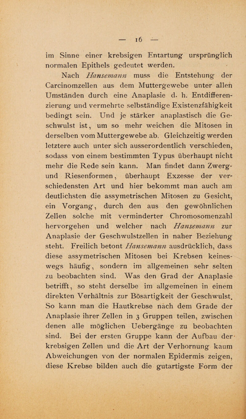 im Sinne einer krebsigen Entartung ursprünglich normalen Epithels gedeutet werden. Nach Hansemann muss die Entstehung der Carcinomzellen aus dem Muttergewebe unter allen Umständen durch eine Anaplasie d. h. Entdifferen¬ zierung und vermehrte selbständige Existenzfähigkeit bedingt sein. Und je stärker anaplastisch die Ge¬ schwulst ist, um so mehr weichen die Mitosen in derselben vom Muttergewebe ab. Gleichzeitig werden letztere auch unter sich ausserordentlich verschieden, sodass von einem bestimmten Typus überhaupt nicht mehr die Rede sein kann. Man findet dann Zwerg- und Riesenformen, überhaupt Exzesse der ver¬ schiedensten Art und hier bekommt man auch am deutlichsten die assymetrischen Mitosen zu Gesicht, ein Vorgang, durch den aus den gewöhnlichen Zellen solche mit verminderter Chromosomenzahl hervorgehen und welcher nach Hansemann zur Anaplasie der Geschwulstzellen in naher Beziehung' steht. Freilich betont Hansemann ausdrücklich, dass diese assymetrischen Mitosen bei Krebsen keines¬ wegs häufig, sondern im allgemeinen sehr selten zu beobachten sind. Was den Grad der Anaplasie betrifft, so steht derselbe im allgemeinen in einem direkten Verhältnis zur Bösartigkeit der Geschwulst. So kann man die Hautkrebse nach dem Grade der Anaplasie ihrer Zellen in 3 Gruppen teilen, zwischen denen alle möglichen Uebergänge zu beobachten sind. Bei der ersten Gruppe kann der Aufbau der* krebsigen Zellen und die Art der Verhornung kaum Abweichungen von der normalen Epidermis zeigen, diese Krebse bilden auch die gutartigste Form der