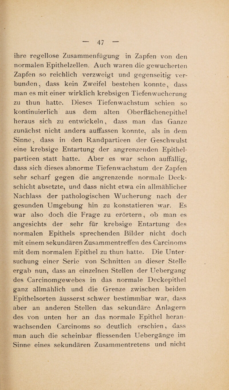 ihre regellose Zusammenfügung in Zapfen von den normalen Epithelzellen. Auch waren die gewucherten Zapfen so reichlich verzweigt und gegenseitig ver¬ bunden, dass kein Zweifel bestehen konnte, dass man es mit einer wirklich krebsigen Tiefen Wucherung zu thun hatte. Dieses Tiefenwachstum schien so kontinuierlich aus dem alten Oberflächenepithel heraus sich zu entwickeln, dass man das Ganze zunächst nicht anders auffassen konnte, als in dem Sinne, dass in den Randpartieen der Geschwulst eine krebsige Entartung der angrenzenden Epithel- partieen statt hatte. Aber es war schon auffällig, dass sich dieses abnorme Tiefenwachstum der Zapfen sehr scharf gegen die angrenzende normale Deck¬ schicht absetzte, und dass nicht etwa ein allmählicher Nachlass der pathologischen Wucherung nach der gesunden Umgebung hin zu konstatieren war. Es war also doch die Frage zu erörtern , ob man es angesichts der sehr für krebsige Entartung des normalen Epithels sprechenden Bilder nicht doch mit einem sekundären Zusammentreffen des Carcinoms mit dem normalen Epithel zu thun hatte. Die Unter¬ suchung einer Serie von Schnitten an dieser Stelle ergab nun, dass an einzelnen Stellen der Uebergang des Carcinomgewebes in das normale Deckepithel ganz allmählich und die Grenze zwischen beiden Epithelsorten äusserst schwer bestimmbar war, dass aber an anderen Stellen das sekundäre Anlagern des von unten her an das normale Epithel heran- wachsenden Carcinoms so deutlich erschien, dass man auch die scheinbar fliessenden Uebergänge im Sinne eines sekundären Zusammentretens und nicht