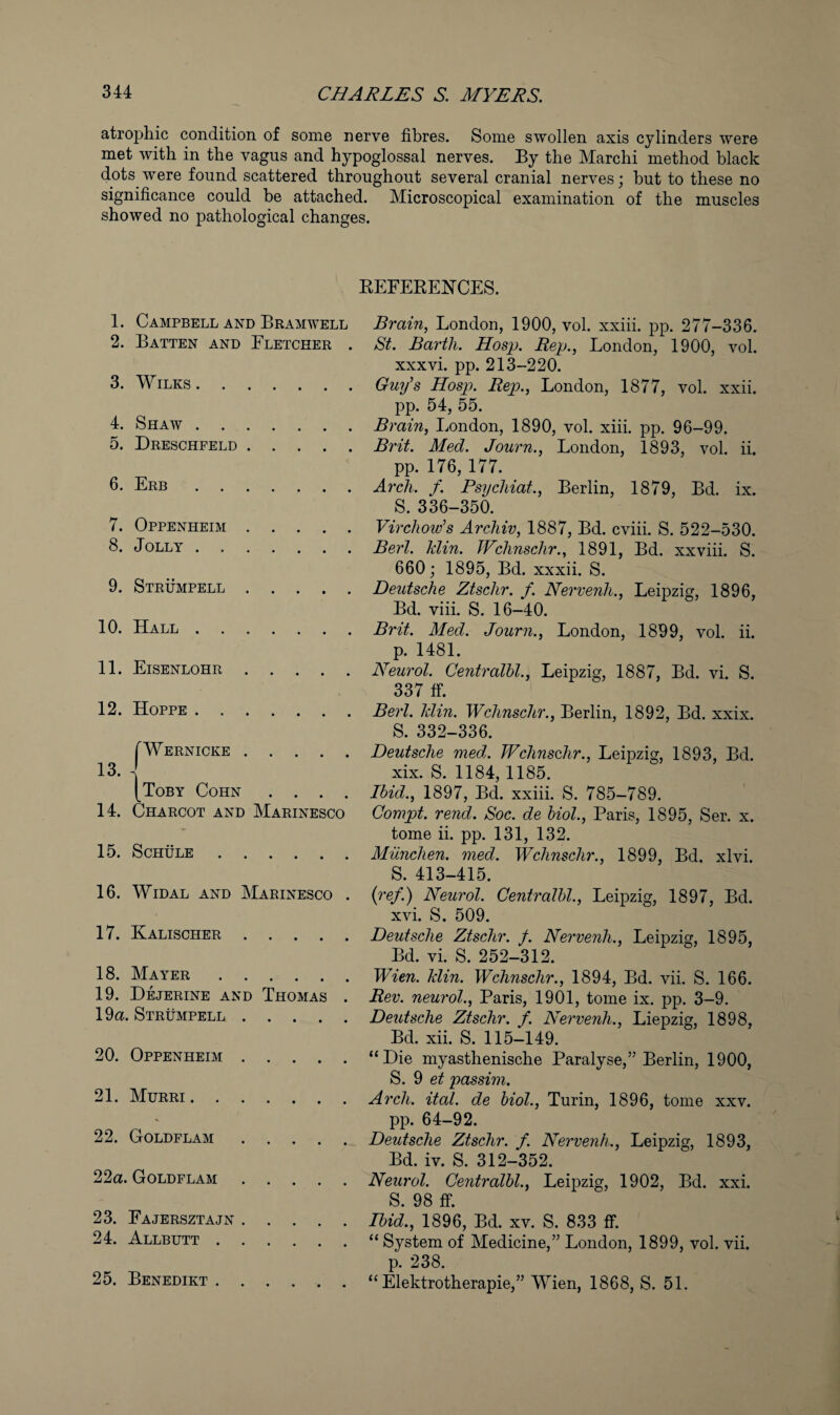 atrophic condition of some nerve fibres. Some swollen axis cylinders were met with in the vagus and hypoglossal nerves. By the March! method black dots were found scattered throughout several cranial nerves; hut to these no significance could he attached. Microscopical examination of the muscles showed no pathological changes. EEFERENCES. 1. Campbell and Bramwell 2. Batten and Fletcher . 3. Wilks. 4. Shaw. 5. Dreschfeld. 6. Erb. 7. Oppenheim. 8. Jolly . 9. Strumpell. 10. Hall. 11. Eisenlohr. 12. Hoppe. r Wernicke. 13 I \toby Cohn .... 14. Charcot and Marinesco 15. SCHULE. 16. Widal and Marinesco . 17. Kalischer 18. Mayer 19. Dejerine an 19a. Strumpell 20. Oppenheim Thomas 21. Murri . . 22. Goldflam 22a. Goldflam 23. Fajersztajn 24. Allbutt . Brain, London, 1900, vol. xxiii. pp. 277-336. St. Barth. Hosp. Rep., London, 1900, vol. xxxvi. pp. 213-220. Guijs Hosp. Rep., London, 1877, vol. xxii. pp. 54, 55. Brain, London, 1890, vol. xiii. pp. 96-99. Brit. Med. Journ., London, 1893, vol. ii. pp. 176, 177. Arch. f. Psychiat., Berlin, 1879, Bd. ix. S. 336-350. Virchow's Archiv, 1887, Bd. cviii. S. 522-530. Bert. Min. Wchnschr., 1891, Bd. xxviii. S. 660; 1895, Bd. xxxii. S. Deutsche Ztschr. f. Nervenh., Leipzig, 1896, Bd. viii. S. 16-40. Brit. Med. Journ., London, 1899, vol. ii. p. 1481. Neurol. Centralhl., Leipzig, 1887, Bd. vi. S. 337 tf. Berl. Min. Wchnschr., Berlin, 1892, Bd. xxix. S. 332-336. Deutsche med. Wchnscdir., Leipzig, 1893, Bd. xix. S. 1184,1185. Ibid., 1897, Bd. xxiii. S. 785-789. Compt. rend. Soc. de hiol., Paris, 1895, Ser. x. tome ii. pp. 131, 132. Alilnchen. med. Wchnschr., 1899, Bd. xlvi. S. 413-415. {ref.) Neurol. Centralhl., Leipzig, 1897, Bd. xvi. S. 509. Deutsche Ztschr. /. Nervenh., Leipzig, 1895, Bd. vi. S. 252-312. Wien. Min. Wchnschr., 1894, Bd. vii. S. 166. Rev. neurol., Paris, 1901, tome ix. pp. 3-9. Deutsche Ztschr. f. Nervenh., Liepzig, 1898, Bd. xii. S. 115-149. “Lie myasthenische Paralyse,” Berlin, 1900, S. 9 passim. Arch. itcd. de hiol., Turin, 1896, tome xxv. pp. 64-92. Deutsche Ztschr. f. Nervenh., Leipzig, 1893, Bd. iv. S. 312-352. Neurol. Centralhl., Leipzig, 1902, Bd. xxi. S. 98 ff. Ihid., 1896, Bd. xv. S. 833 ff. “ System of Medicine,” London, 1899, vol. vii. p. 238. “ Elektrotherapie,” Wien, 1868, S. 51. 25. Benedikt